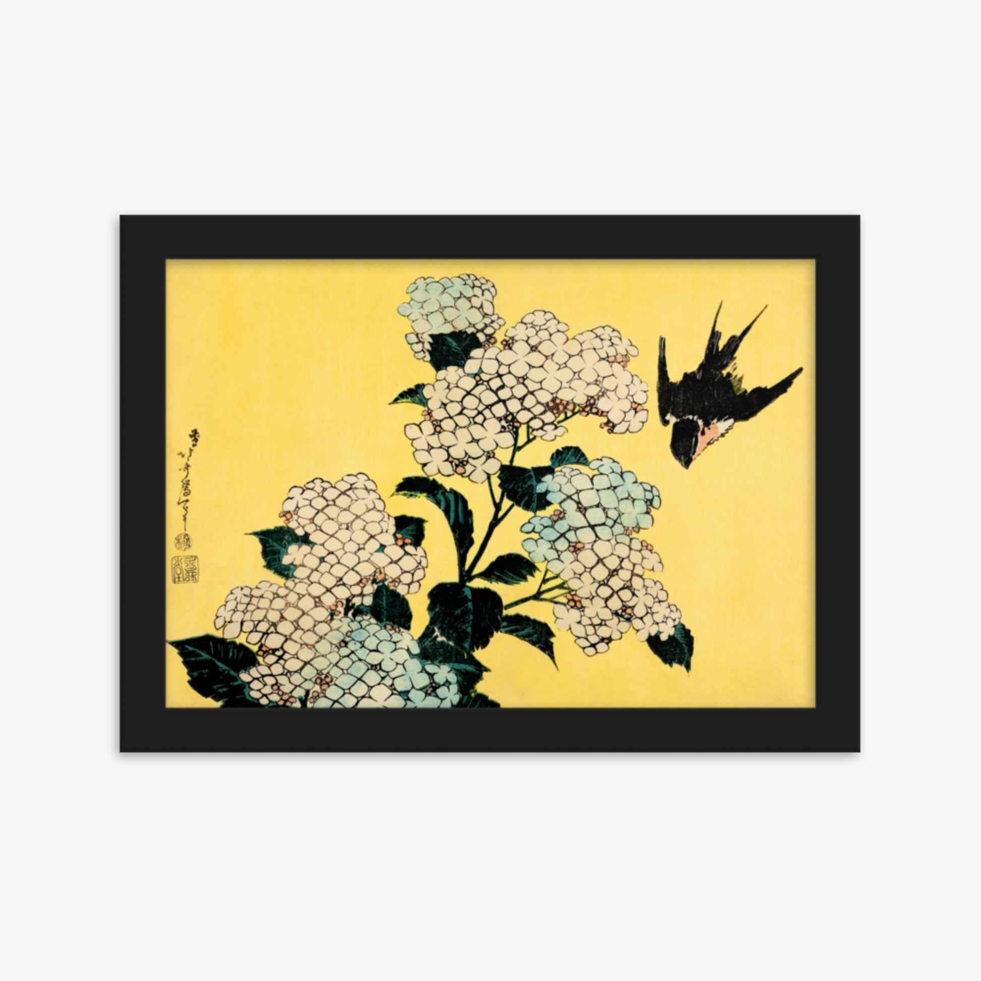 Katsushika Hokusai - Hydrangea and Swallow 21x30 cm Poster With Black Frame