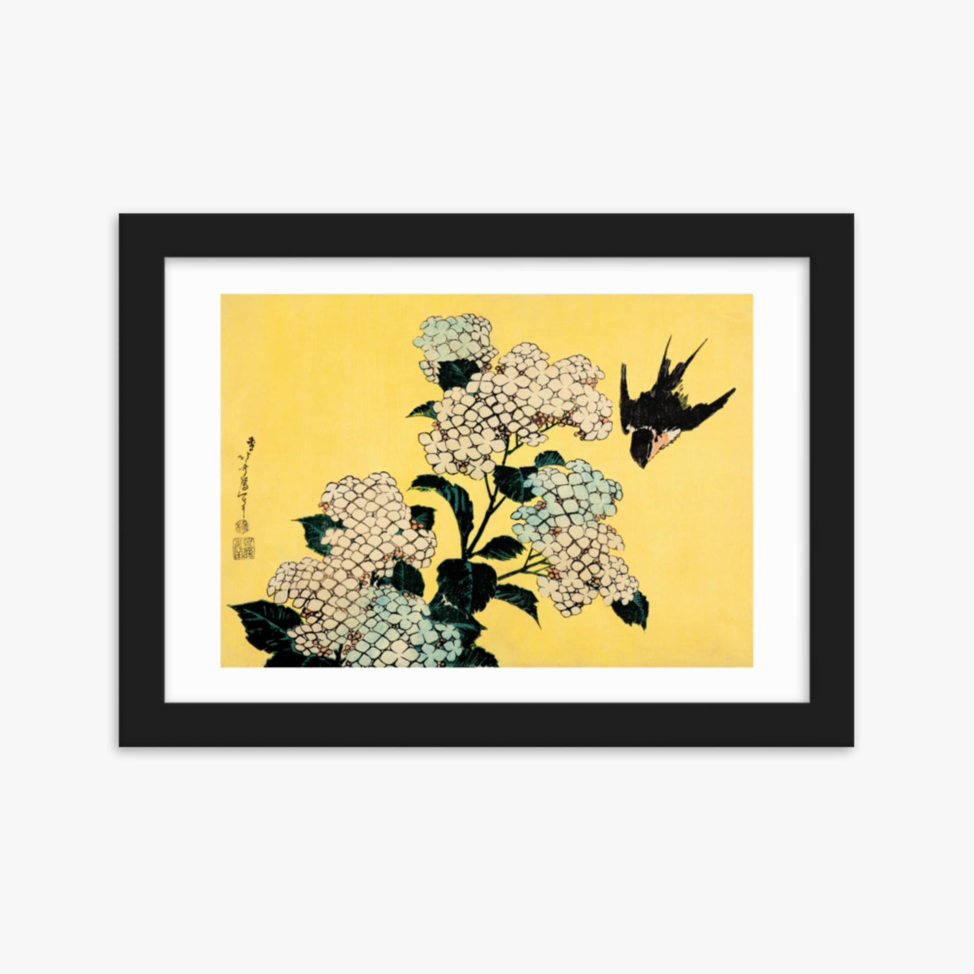 Katsushika Hokusai - Hydrangea and Swallow 21x30 cm Poster With Black Frame