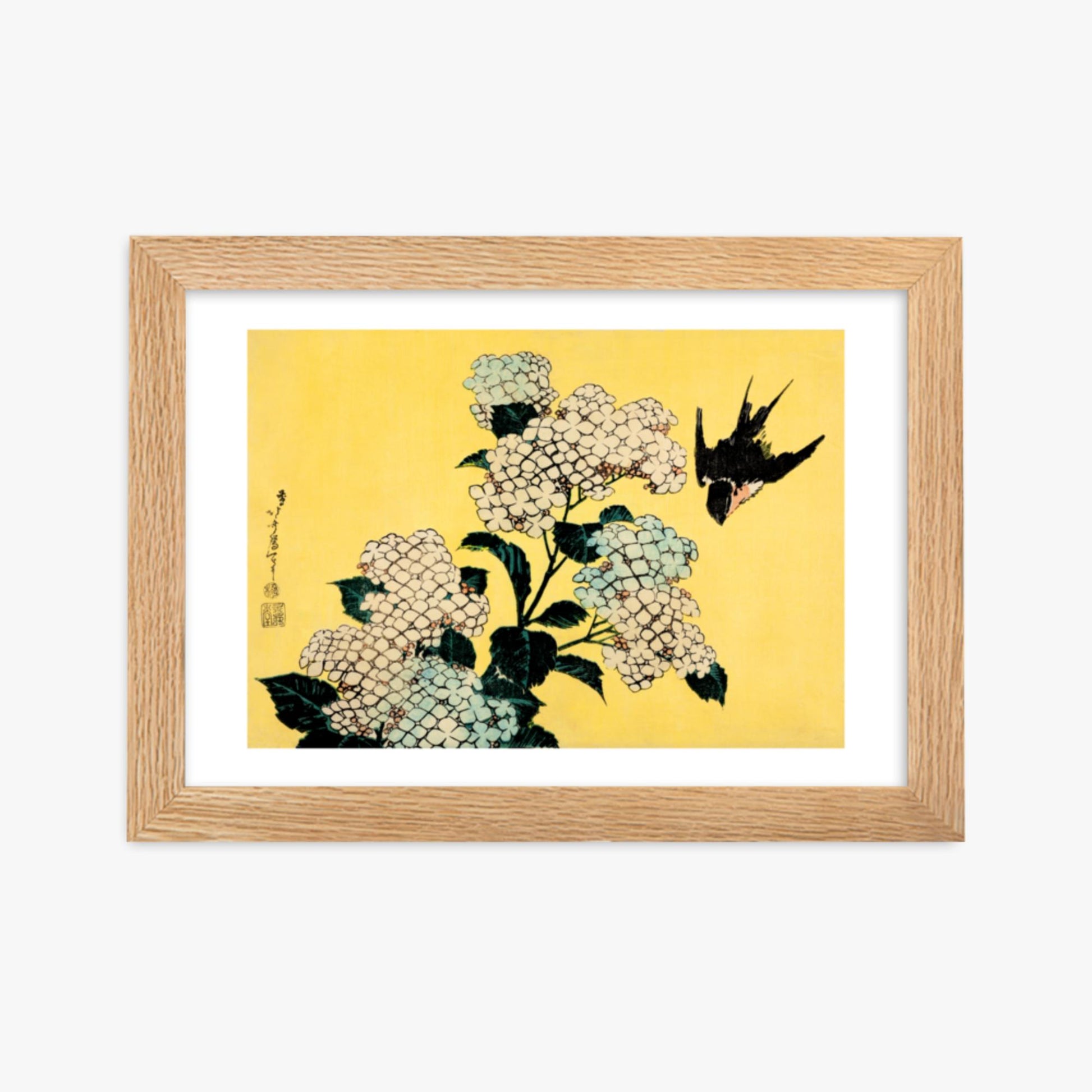 Katsushika Hokusai - Hydrangea and Swallow 21x30 cm Poster With Oak Frame