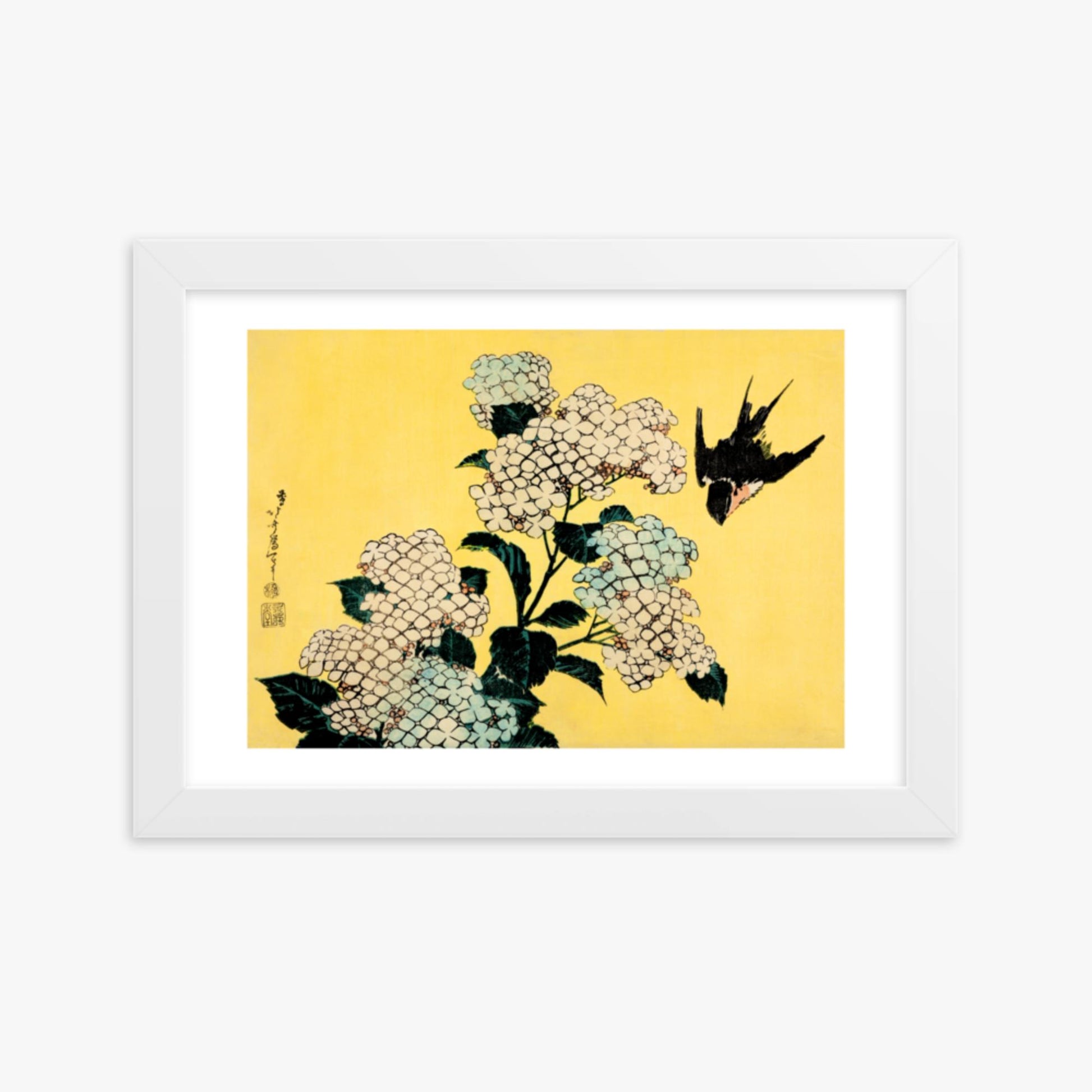 Katsushika Hokusai - Hydrangea and Swallow 21x30 cm Poster With White Frame