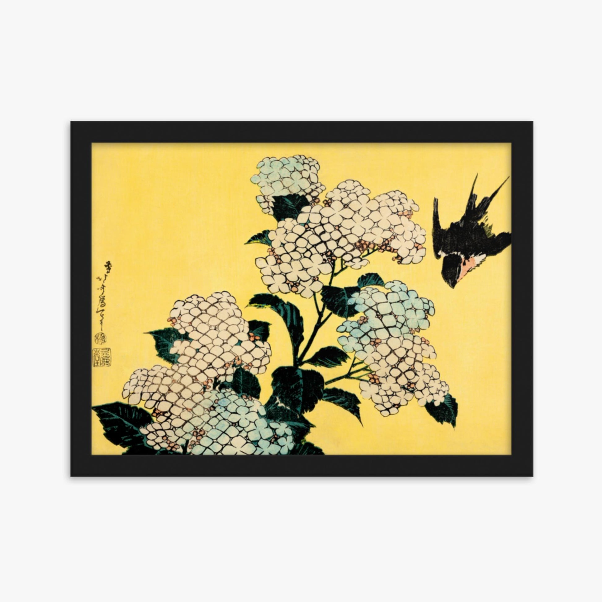 Katsushika Hokusai - Hydrangea and Swallow 30x40 cm Poster With Black Frame