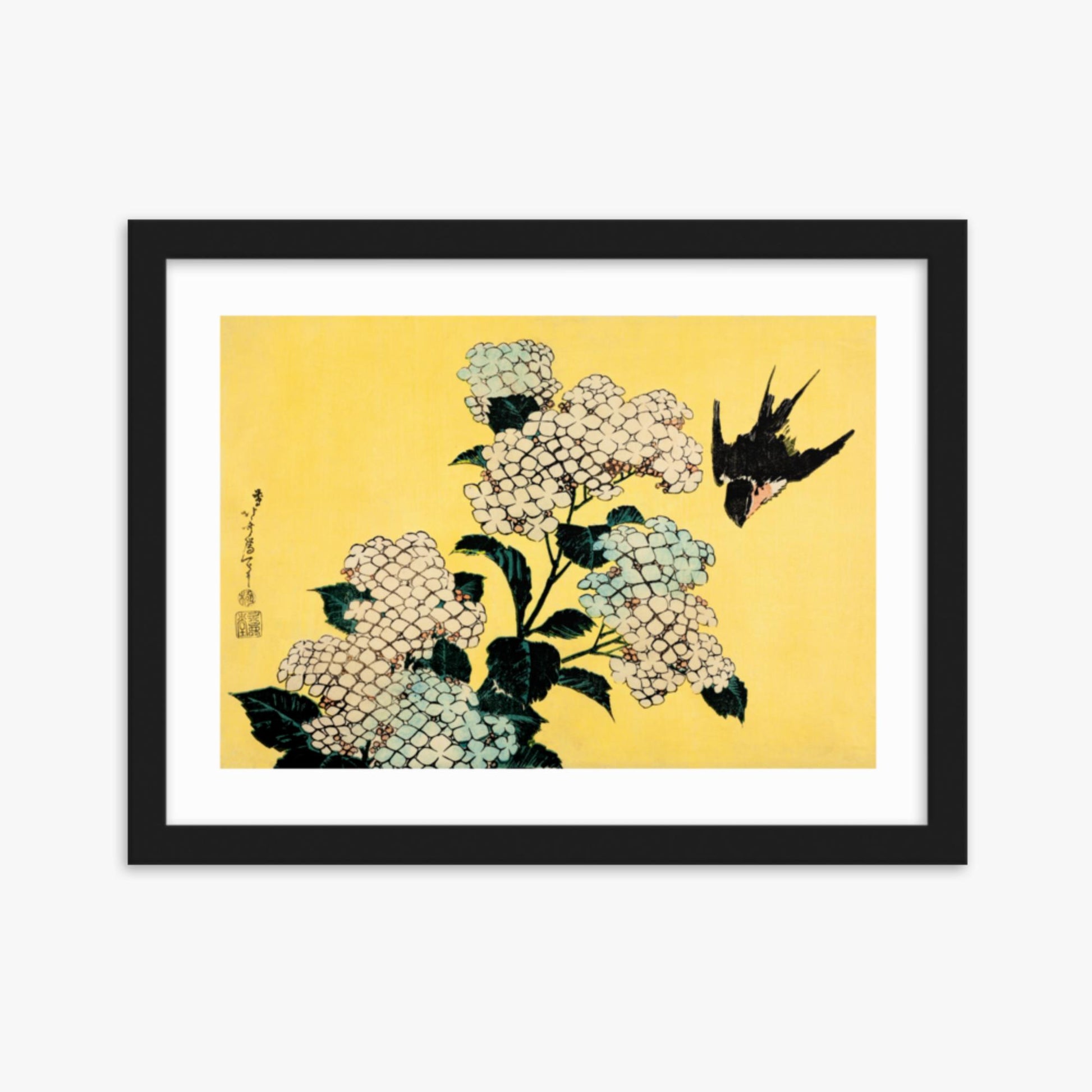 Katsushika Hokusai - Hydrangea and Swallow 30x40 cm Poster With Black Frame