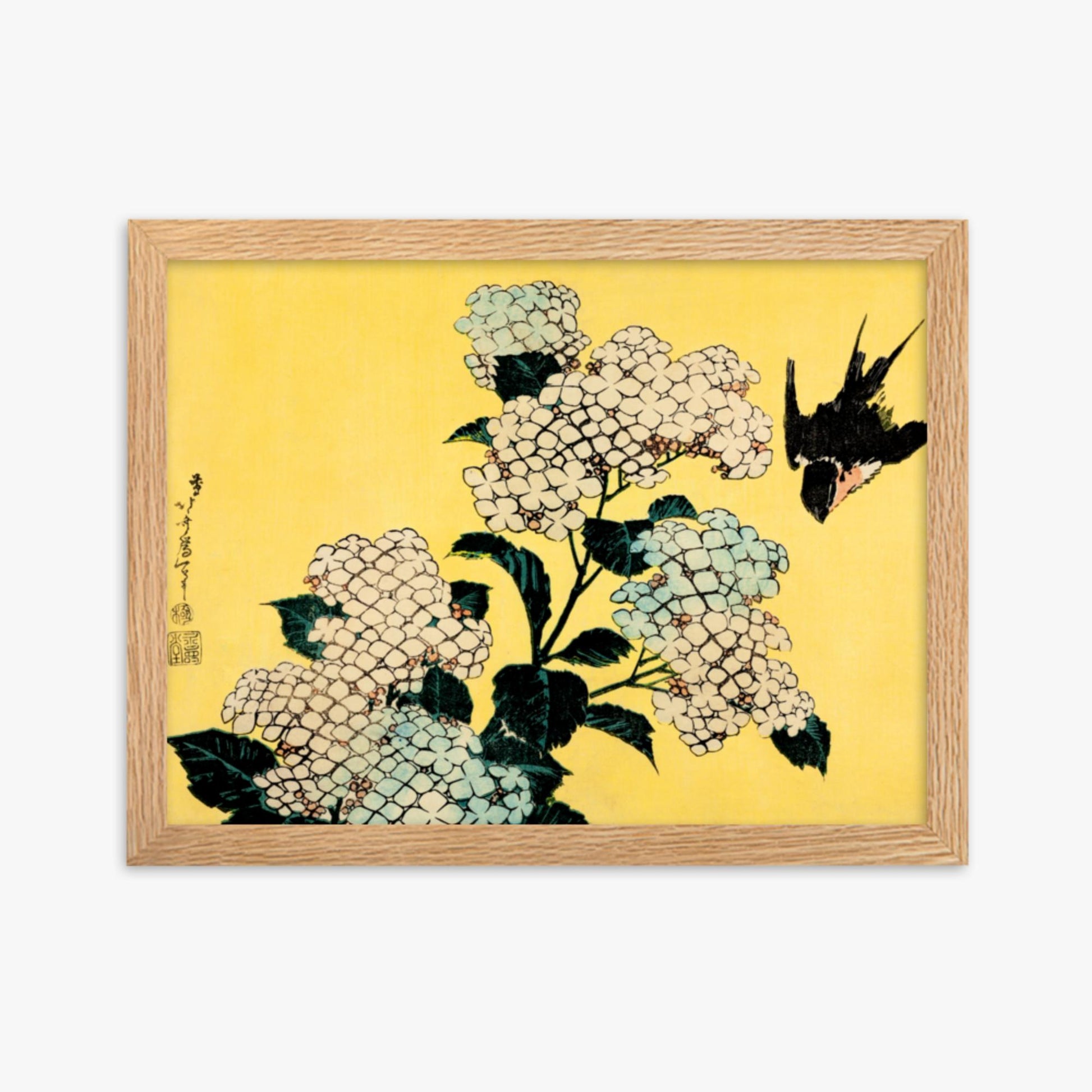 Katsushika Hokusai - Hydrangea and Swallow 30x40 cm Poster With Oak Frame