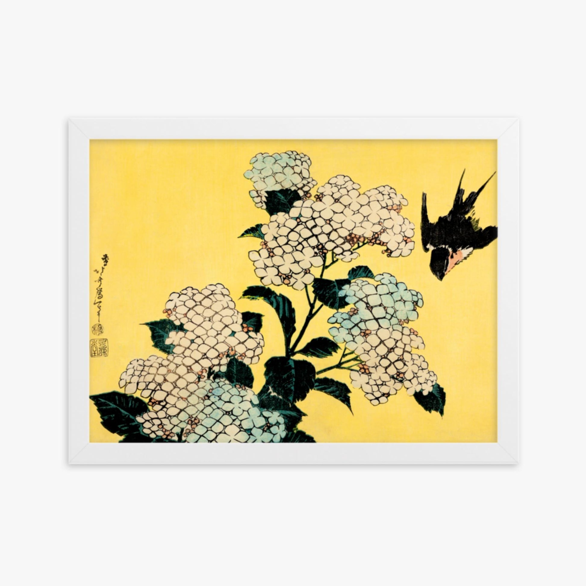 Katsushika Hokusai - Hydrangea and Swallow 30x40 cm Poster With White Frame