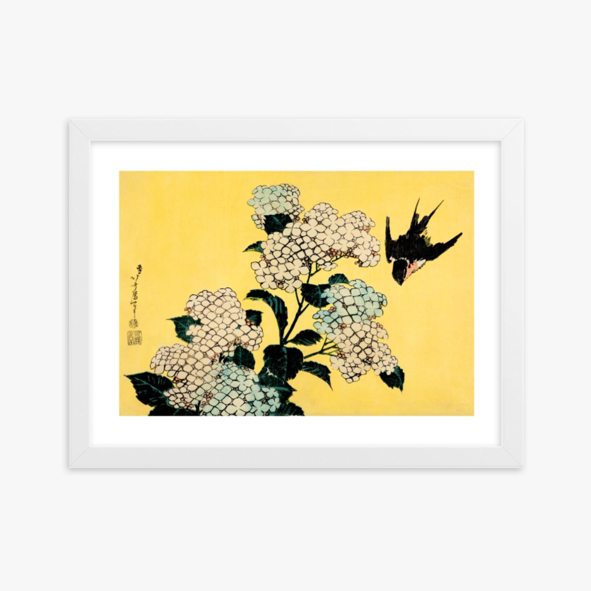 Katsushika Hokusai - Hydrangea and Swallow 30x40 cm Poster With White Frame