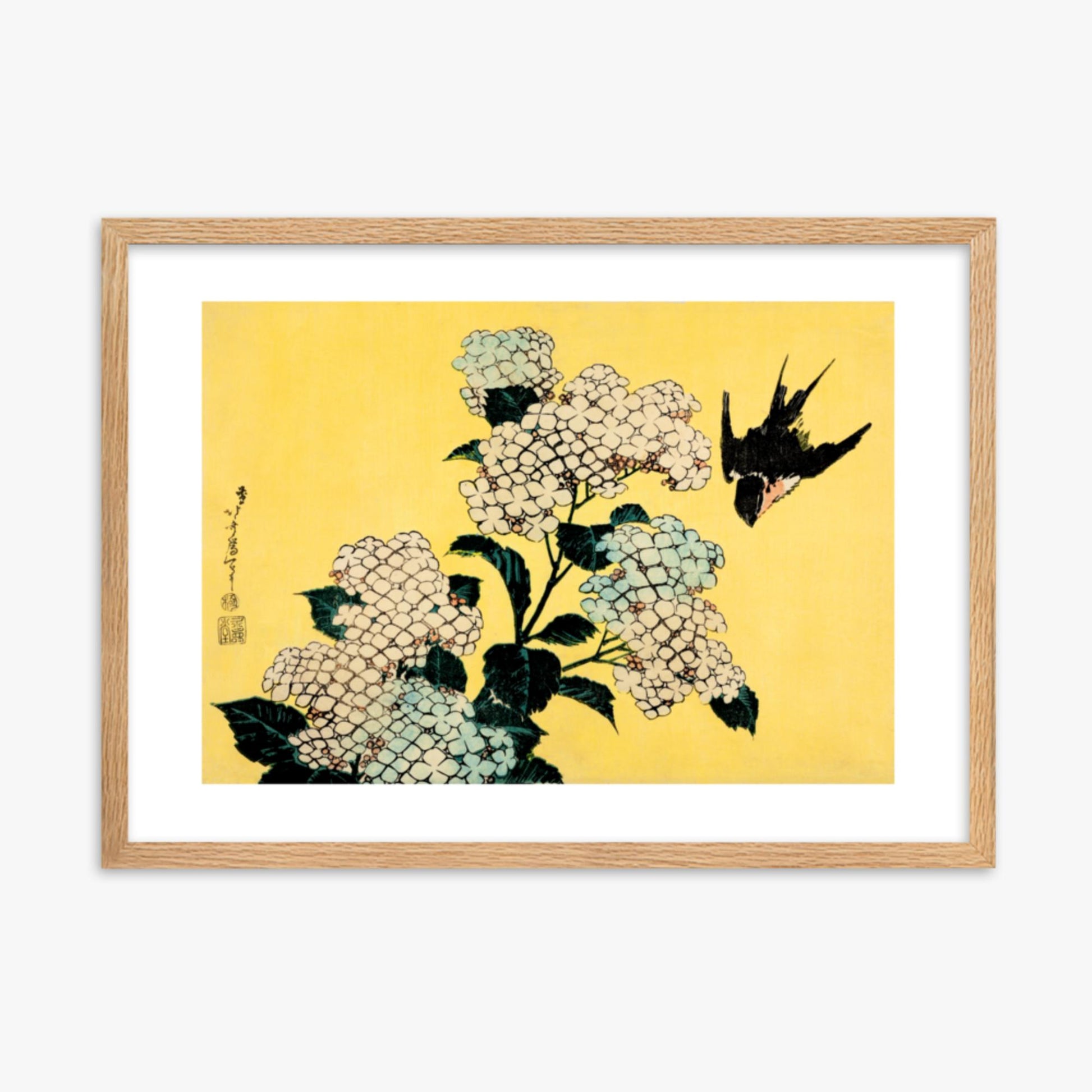 Katsushika Hokusai - Hydrangea and Swallow 50x70 cm Poster With Oak Frame