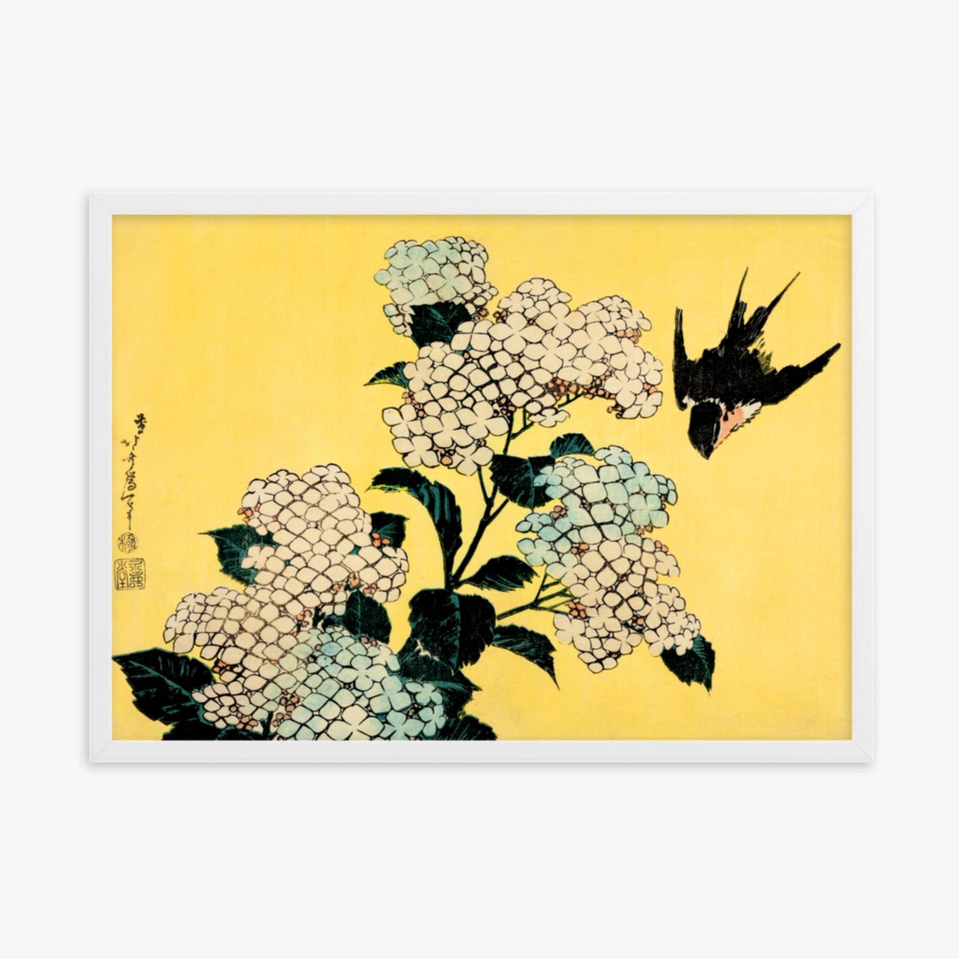 Katsushika Hokusai - Hydrangea and Swallow 50x70 cm Poster With White Frame