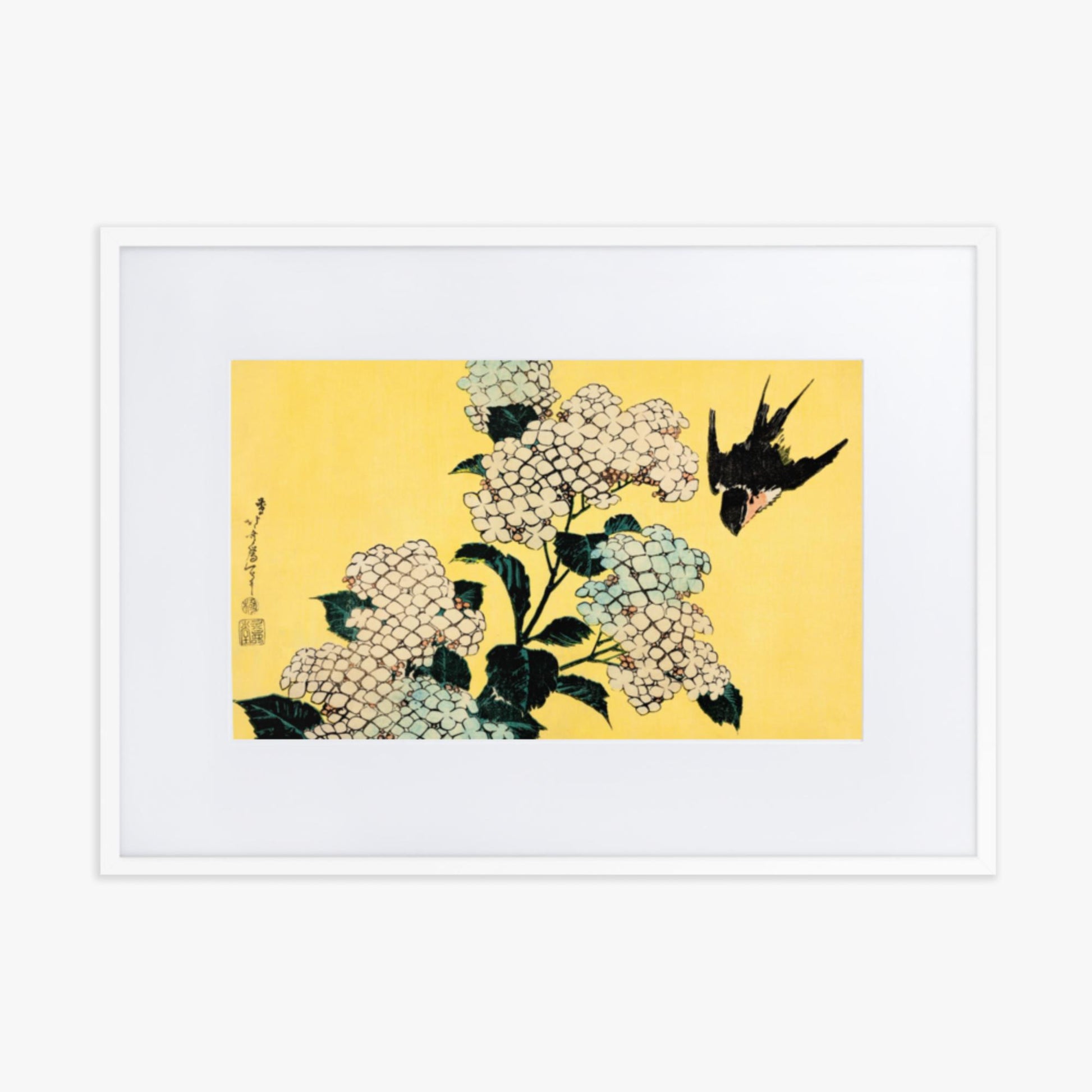 Katsushika Hokusai - Hydrangea and Swallow 50x70 cm Poster With White Frame