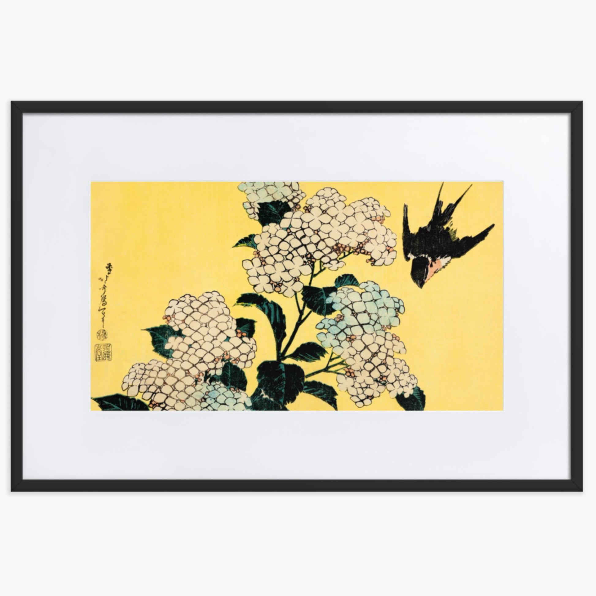 Katsushika Hokusai - Hydrangea and Swallow 61x91 cm Poster With Black Frame