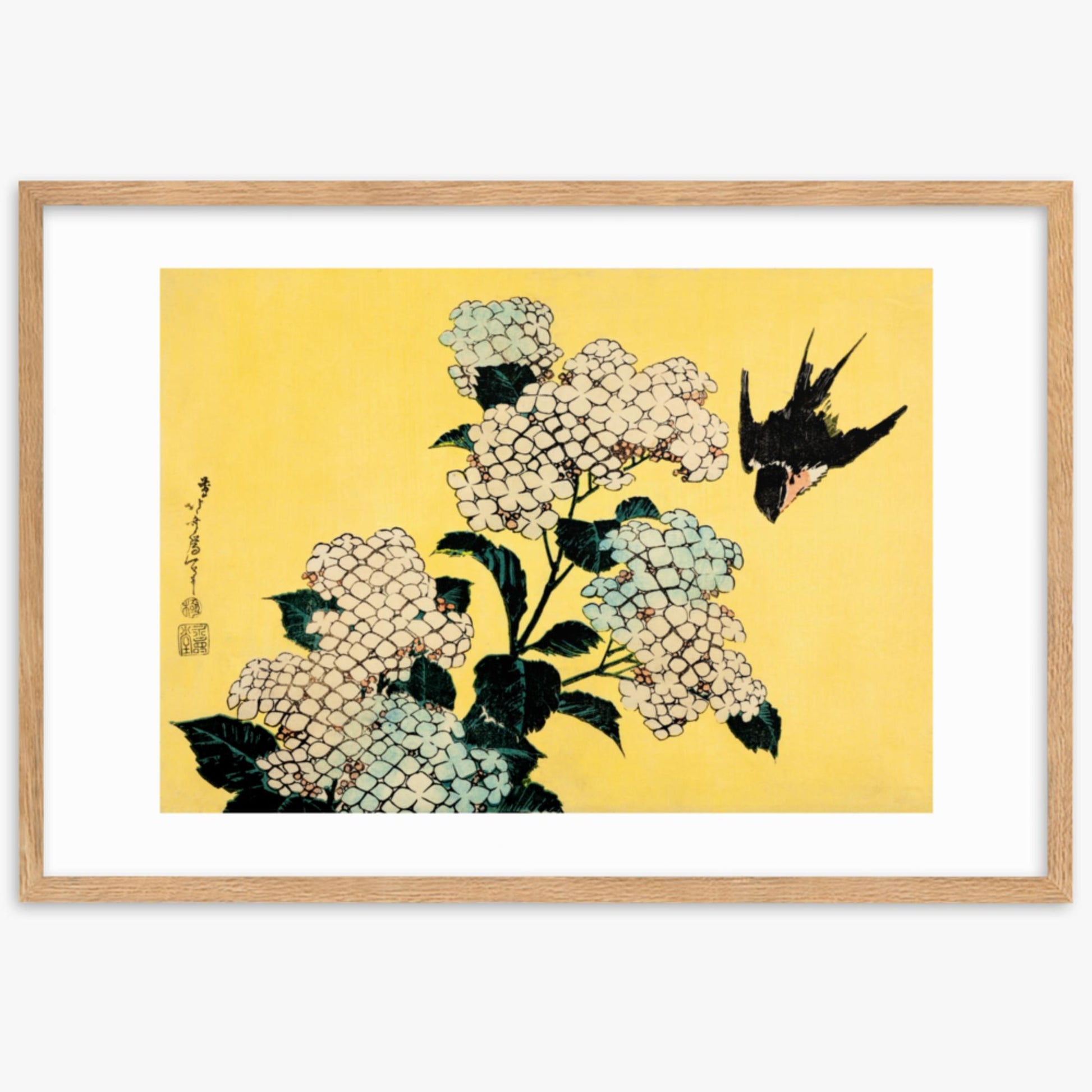 Katsushika Hokusai - Hydrangea and Swallow 61x91 cm Poster With Oak Frame