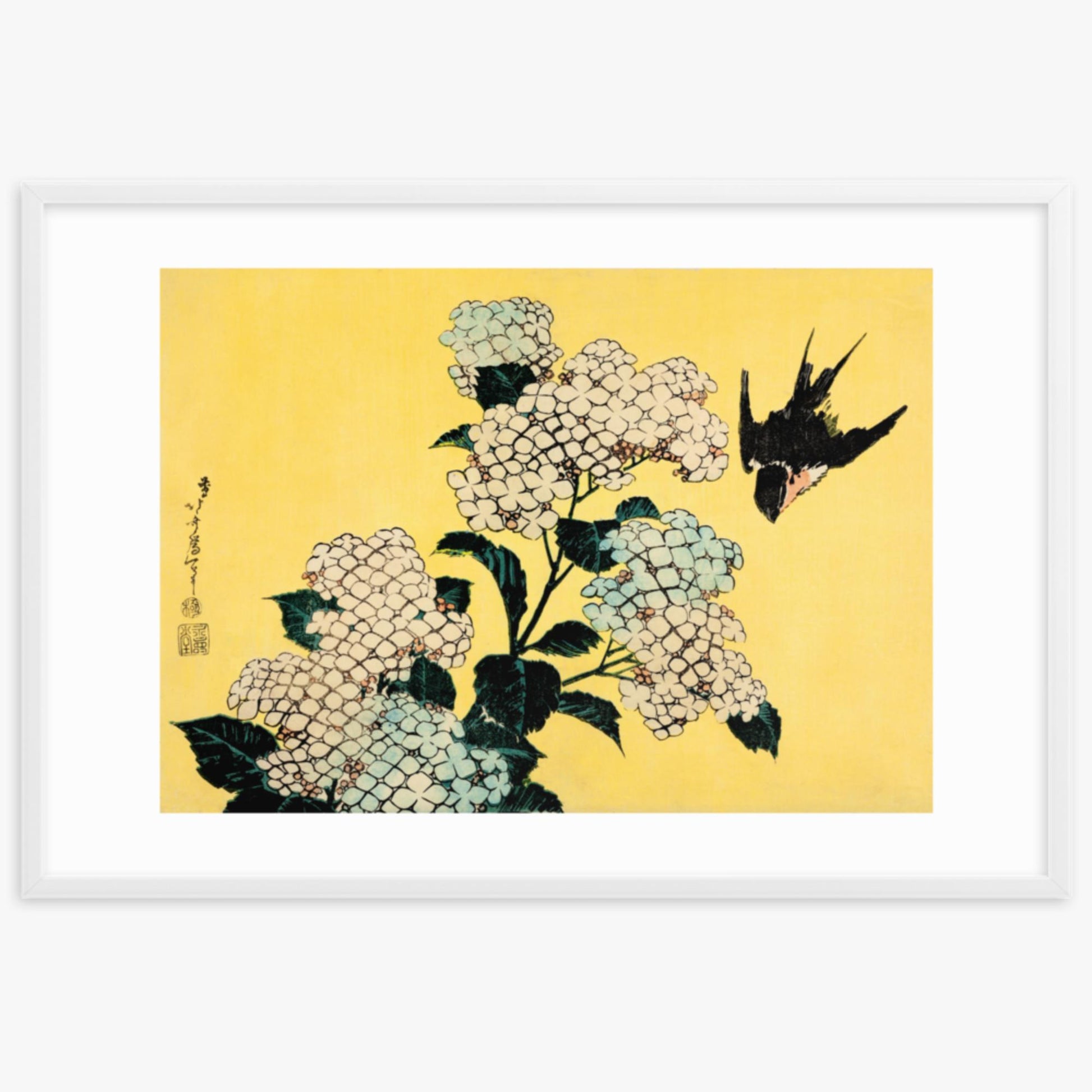 Katsushika Hokusai - Hydrangea and Swallow 61x91 cm Poster With White Frame