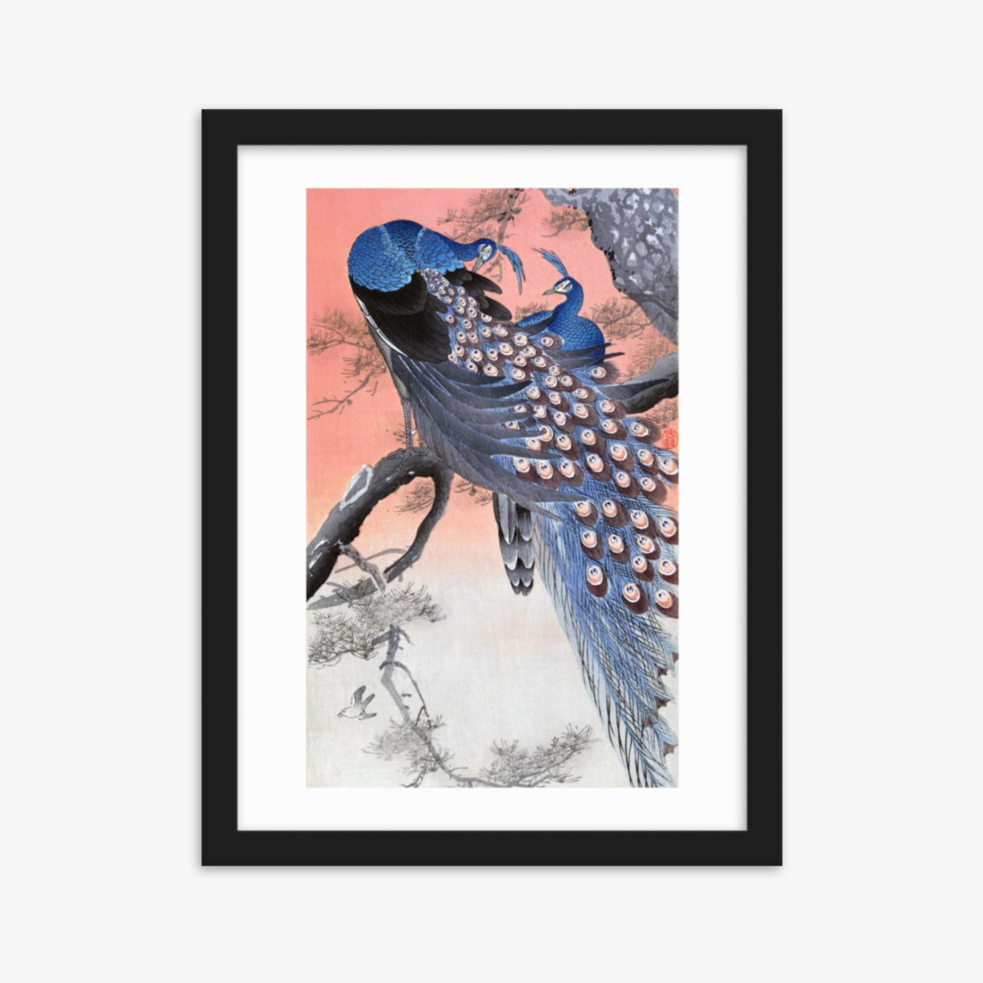 Ohara Koson - Two Peacocks on Tree Branch 30x40 cm Poster With Black Frame