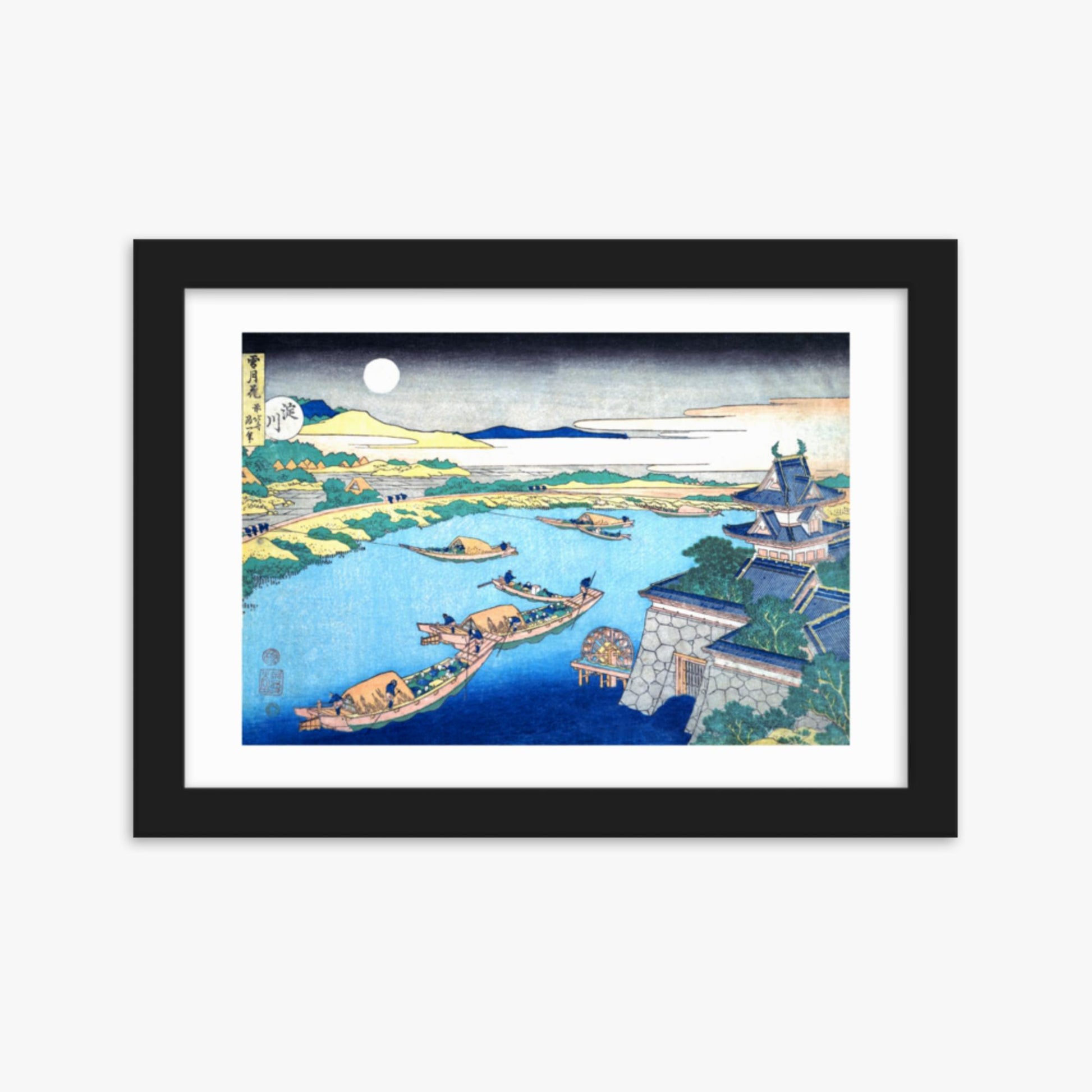 Katsushika Hokusai - Moonlight on the Yodo River 21x30 cm Poster With Black Frame