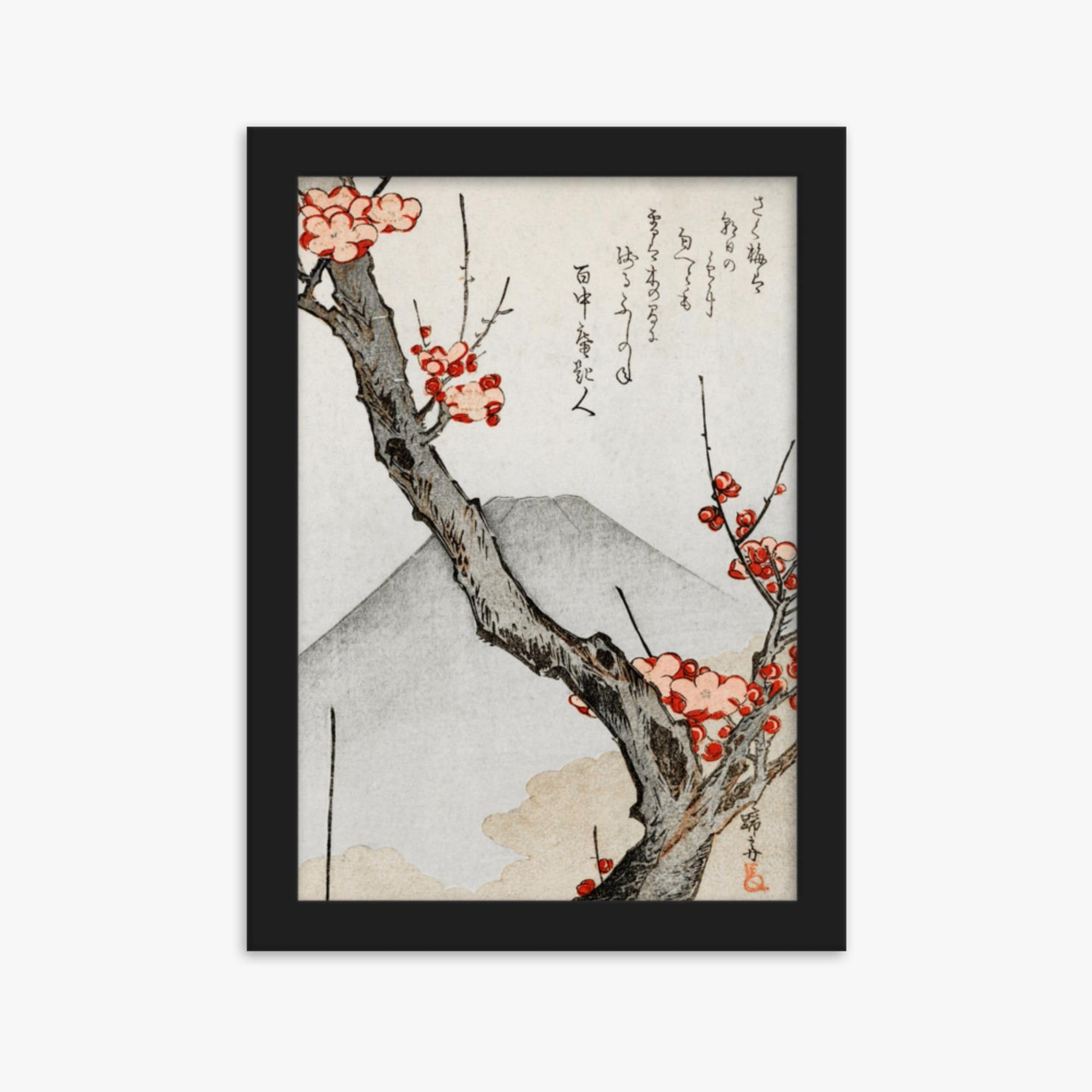 Teisai Hokuba - Mount Fuji and a Flowering Plum 21x30 cm Poster With Black Frame