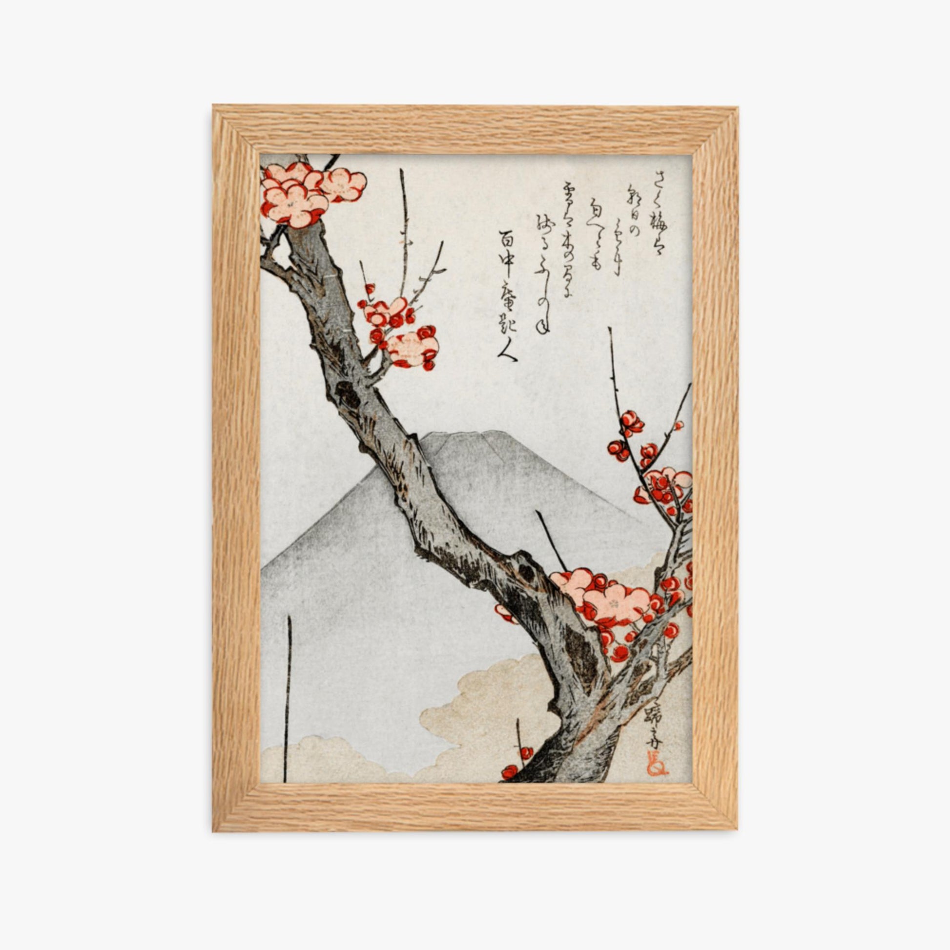 Teisai Hokuba - Mount Fuji and a Flowering Plum 21x30 cm Poster With Oak Frame