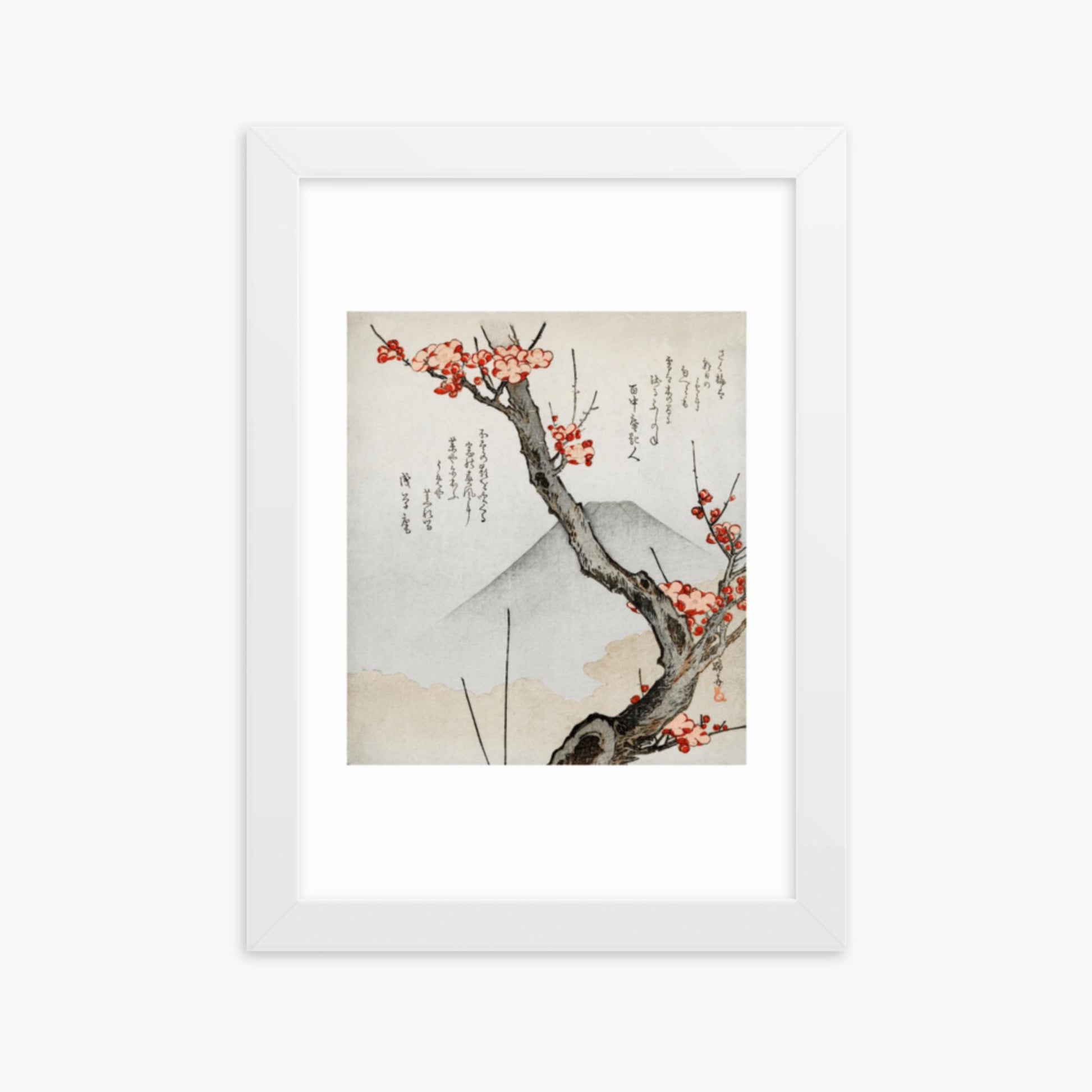 Teisai Hokuba - Mount Fuji and a Flowering Plum 21x30 cm Poster With White Frame