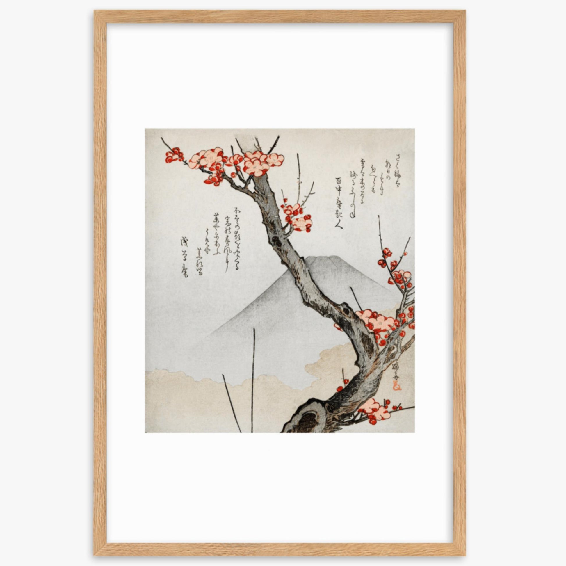 Teisai Hokuba - Mount Fuji and a Flowering Plum 61x91 cm Poster With Oak Frame