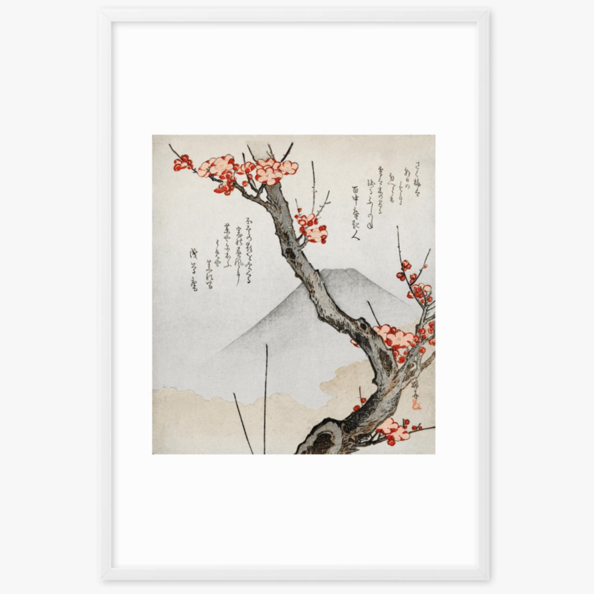 Teisai Hokuba - Mount Fuji and a Flowering Plum 61x91 cm Poster With White Frame