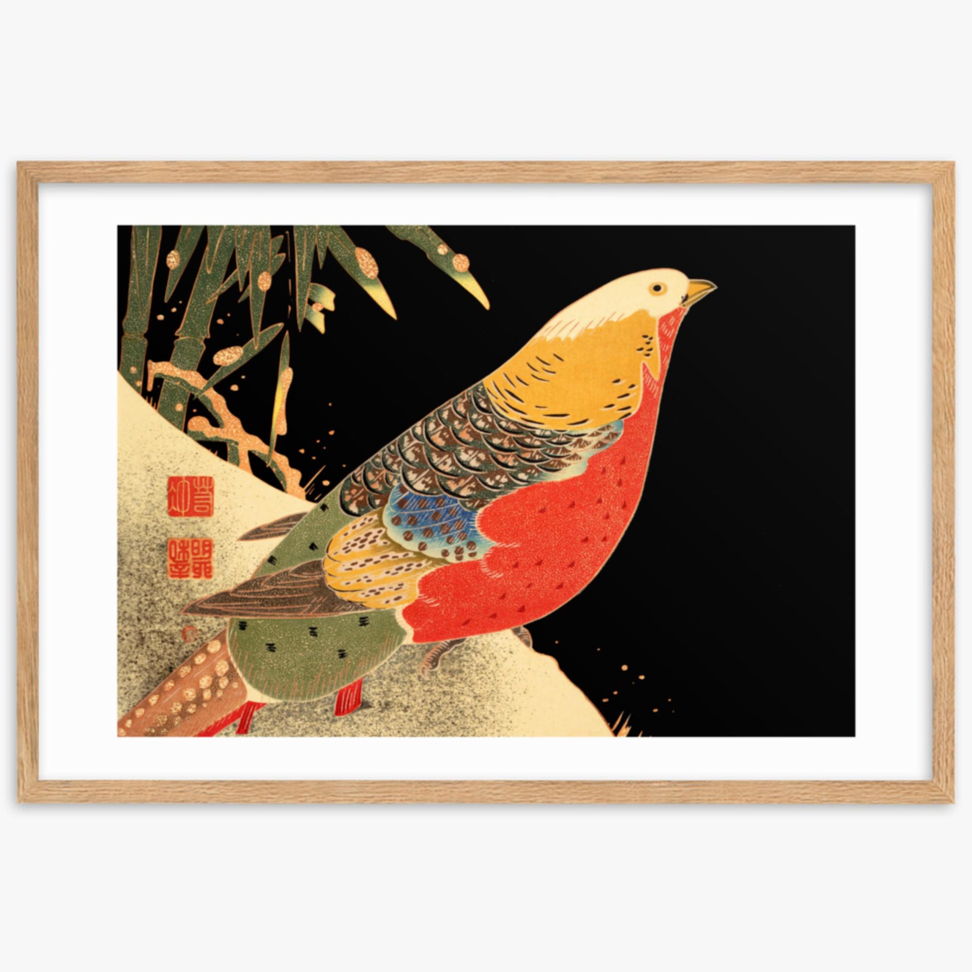 Ito Jakuchu - Golden Pheasant in the Snow 61x91 cm Poster With Oak Frame