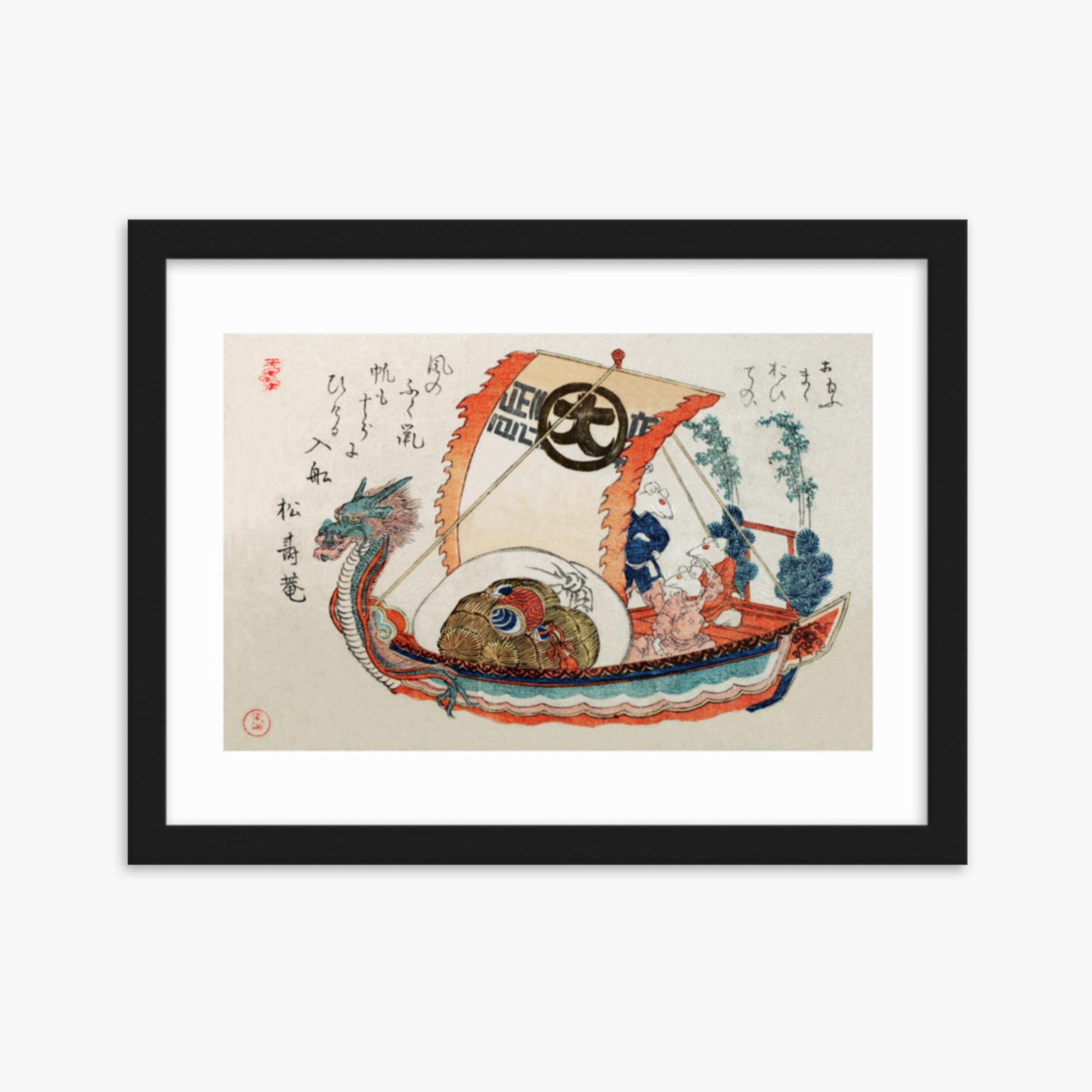 Kubo Shunman - Treasure Boat (Takara-bune) with Three Rats 30x40 cm Poster With Black Frame