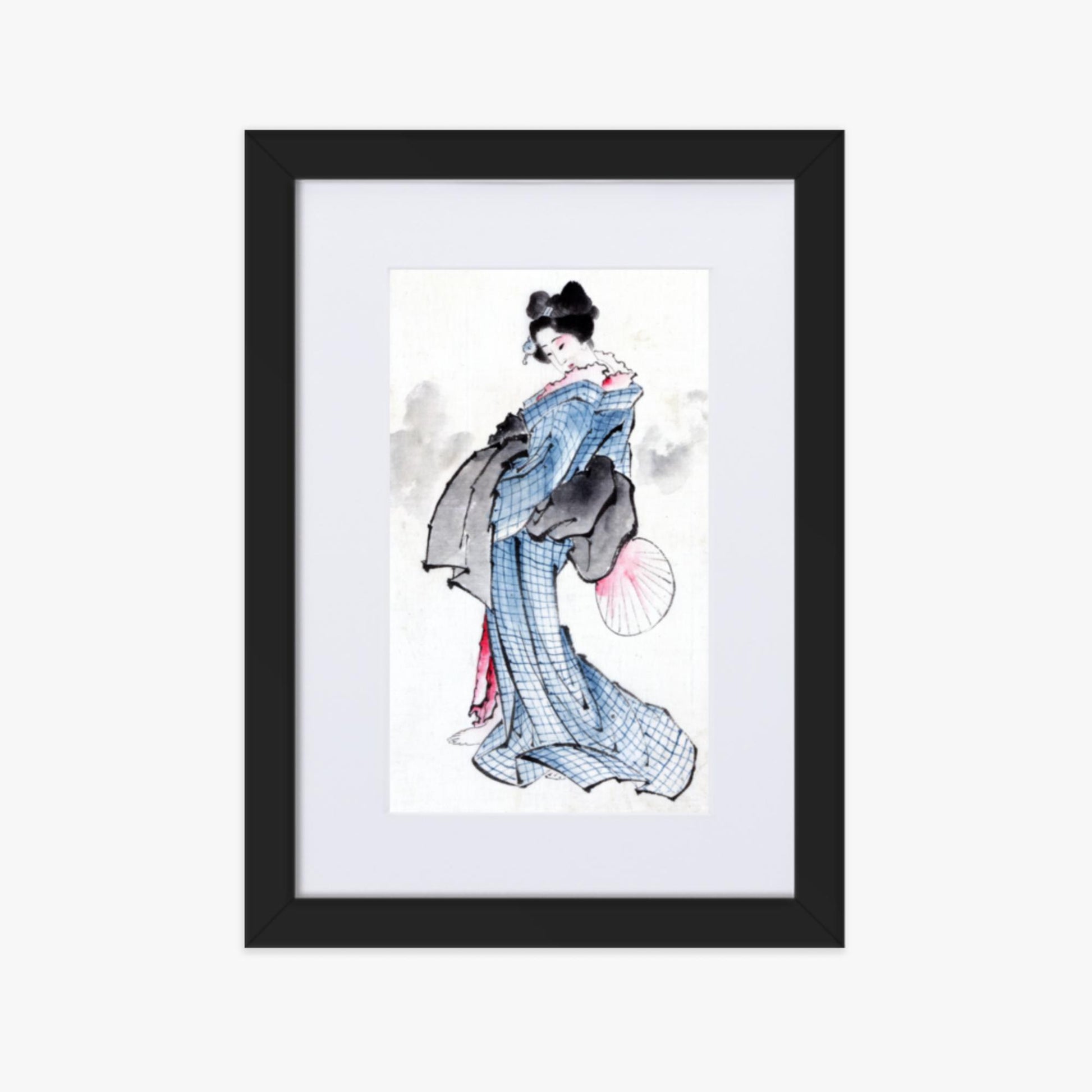Katsushika Hokusai - Illustration of a Japanese Woman in Kimono 21x30 cm Poster With Black Frame