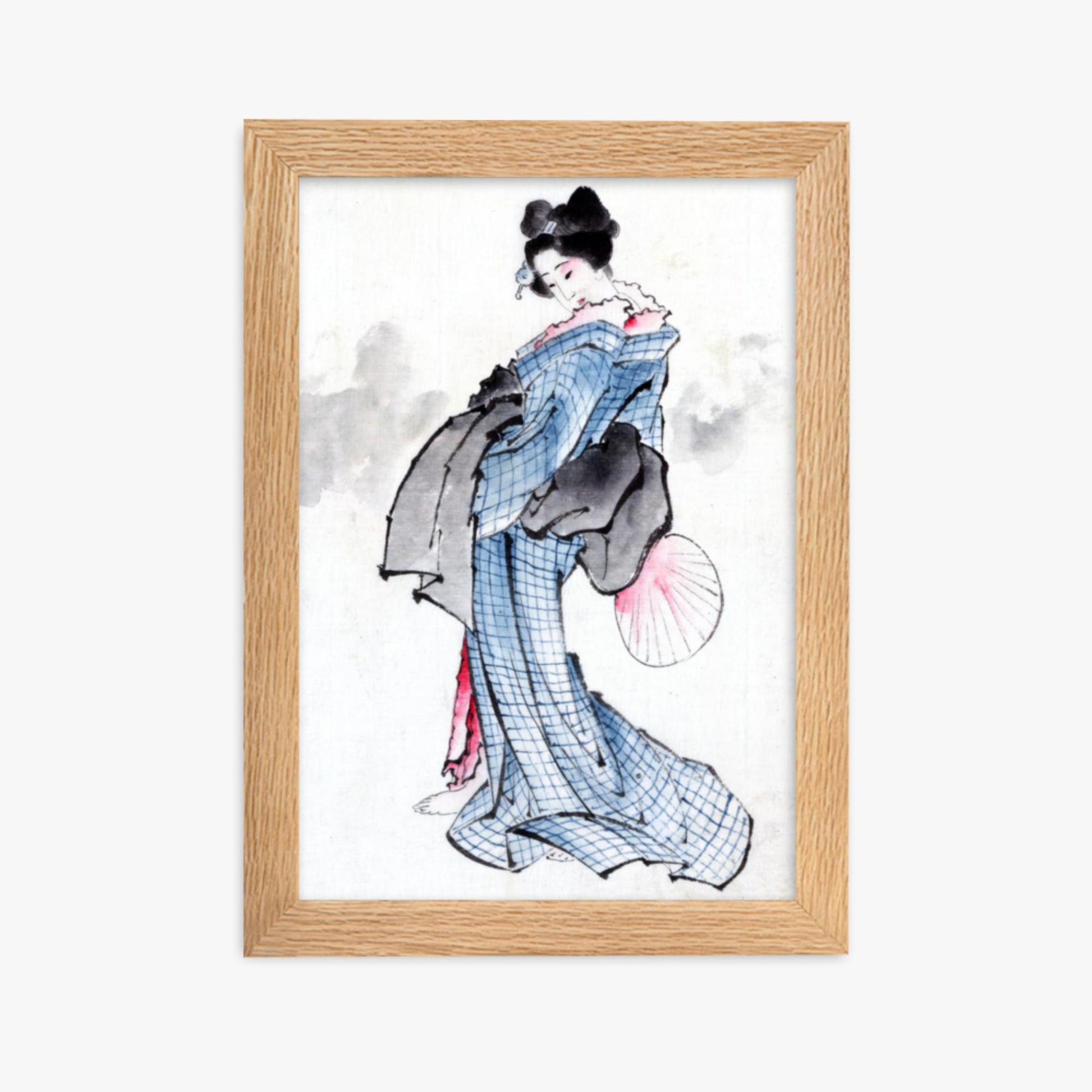 Katsushika Hokusai - Illustration of a Japanese Woman in Kimono 21x30 cm Poster With Oak Frame