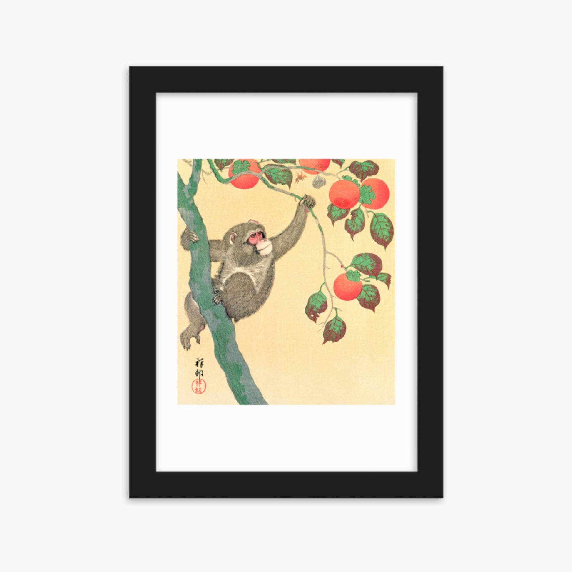 Ohara Koson: Monkey in a Persimmon - 21x30 cm Poster With Black Frame