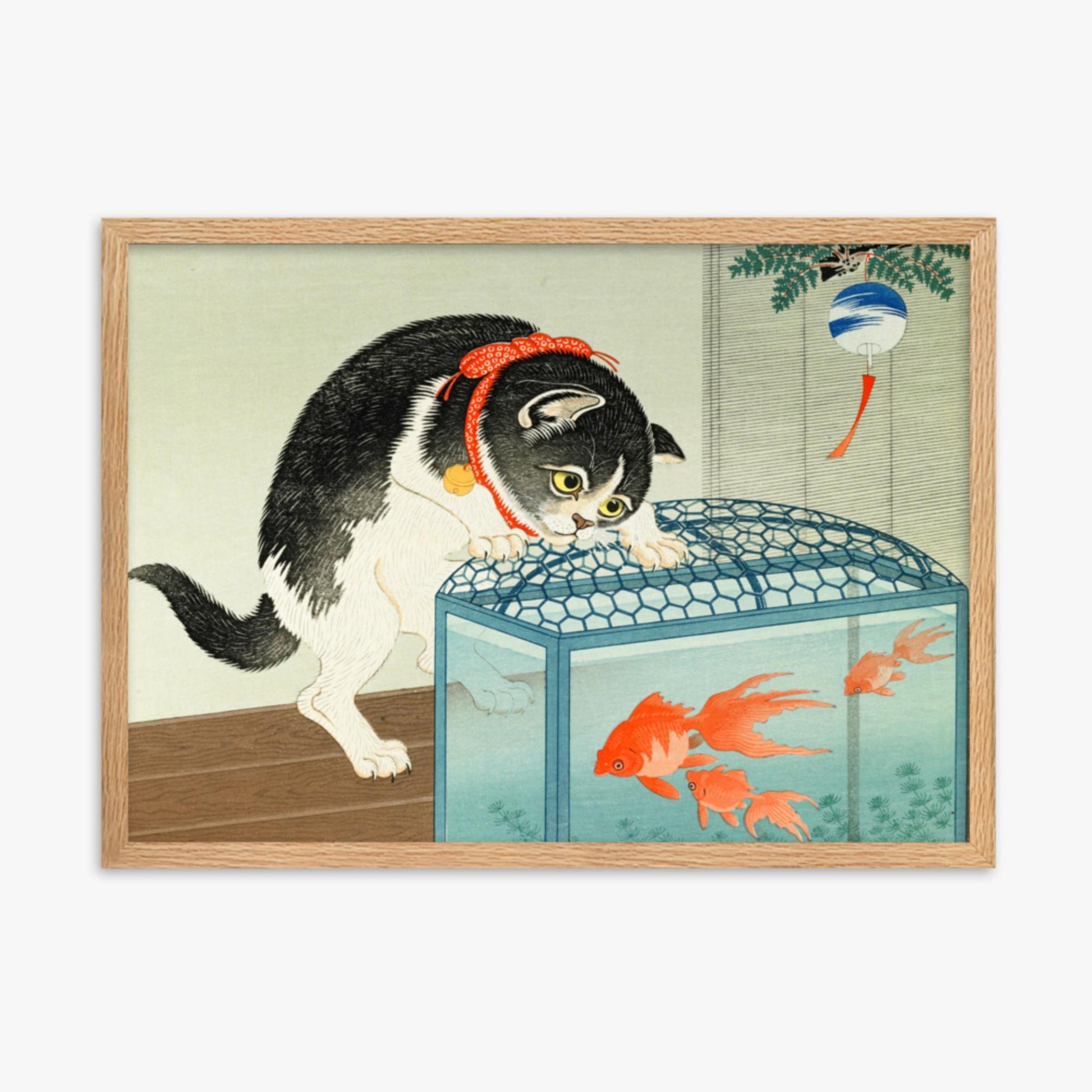 Ohara Koson: Cat and Goldfish - 50x70 cm Poster With Oak Frame