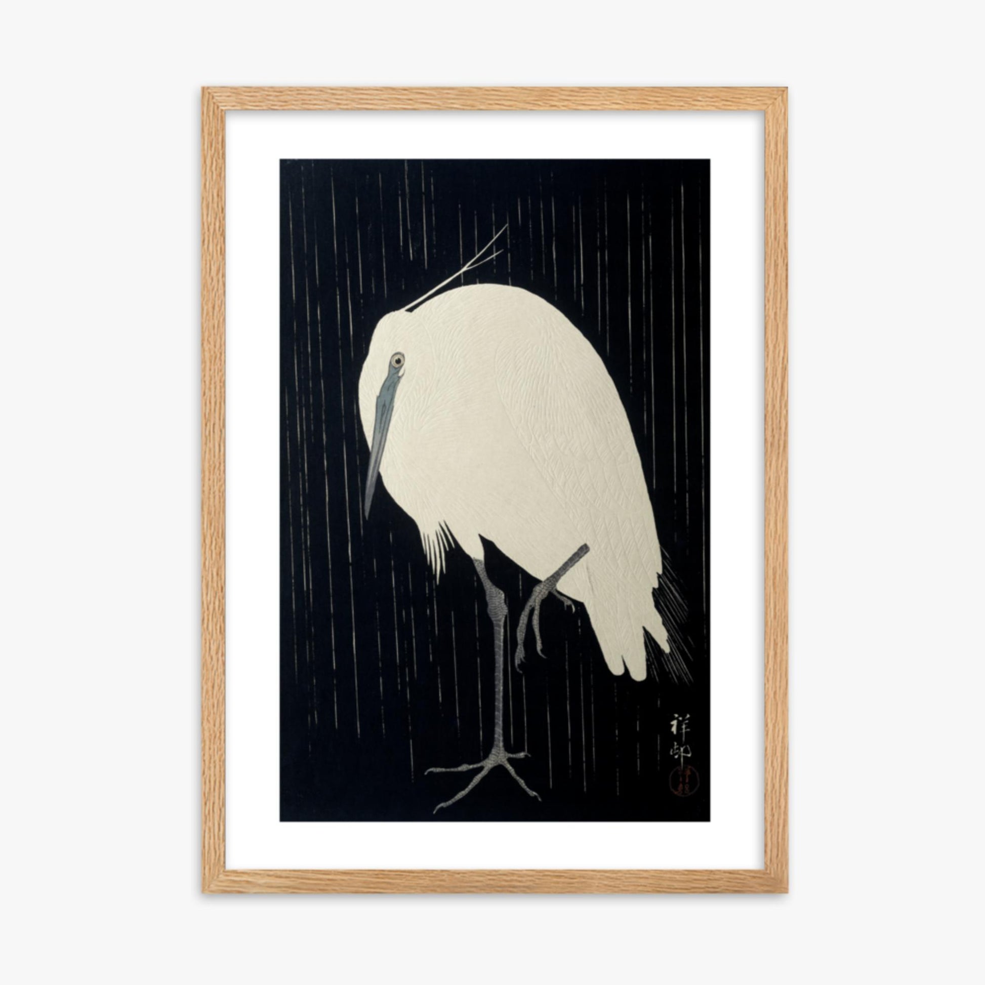 Ohara Koson: Egret in the Rain - 50x70 cm Poster With Oak Frame