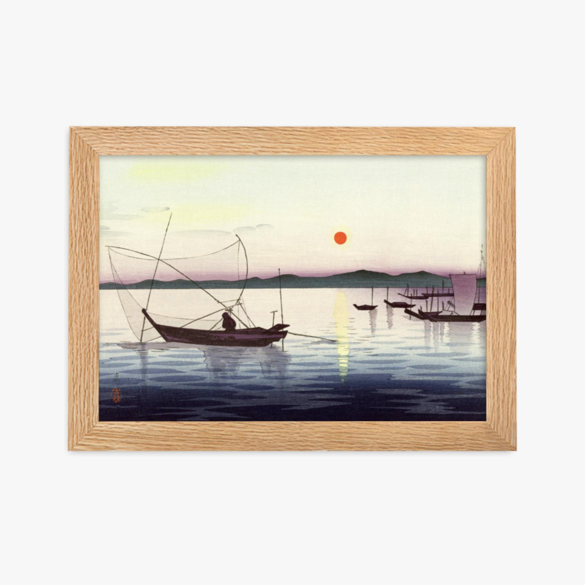 Ohara Koson: Fishing boats at sunset - 21x30 cm Poster With Oak Frame