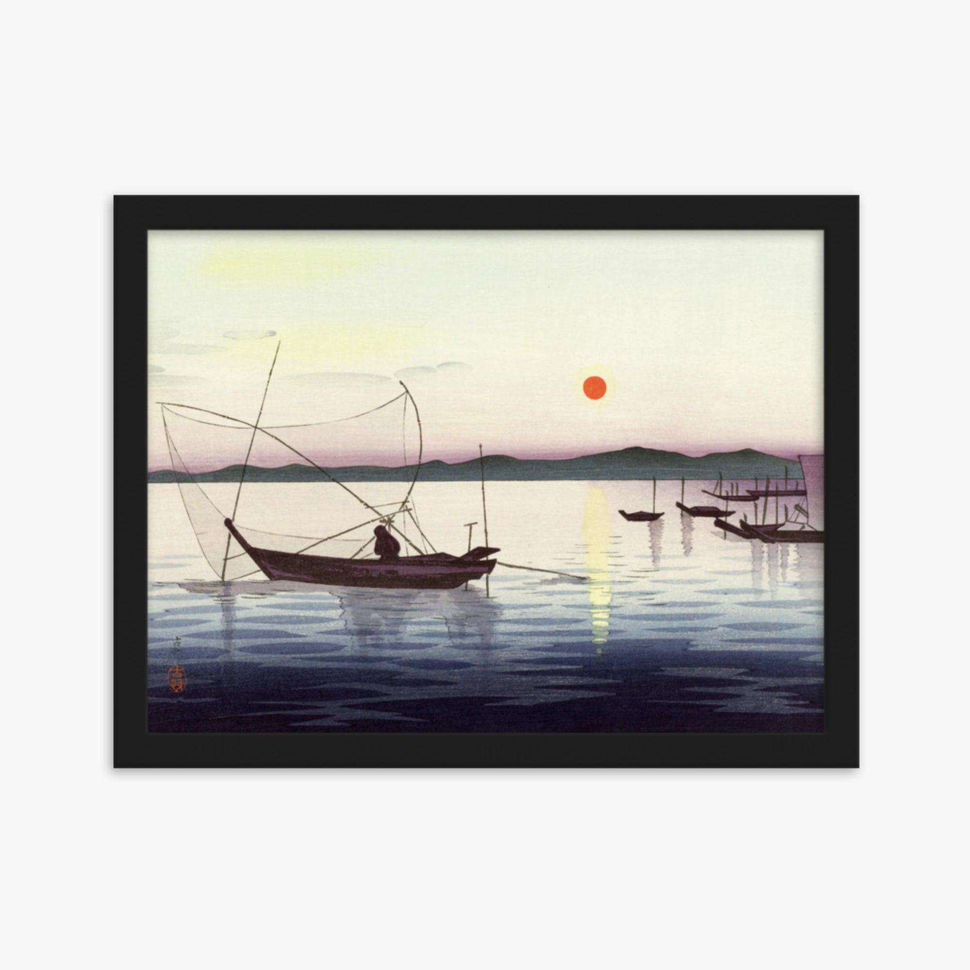 Ohara Koson: Fishing boats at sunset - 30x40 cm Poster With Black Frame