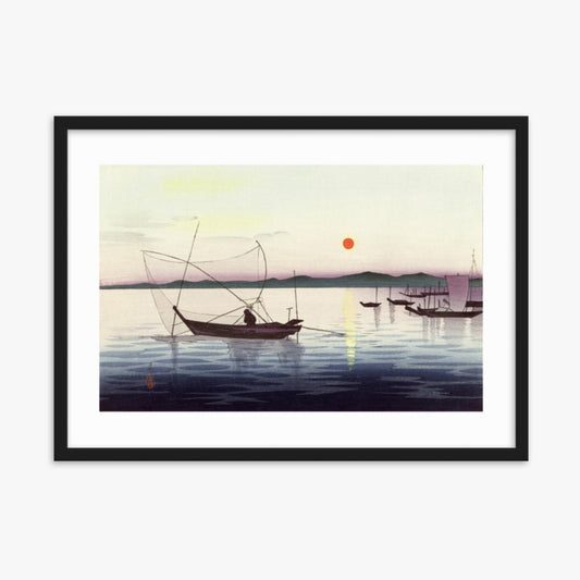 Ohara Koson: Fishing boats at sunset - 50x70 cm Poster With Black Frame