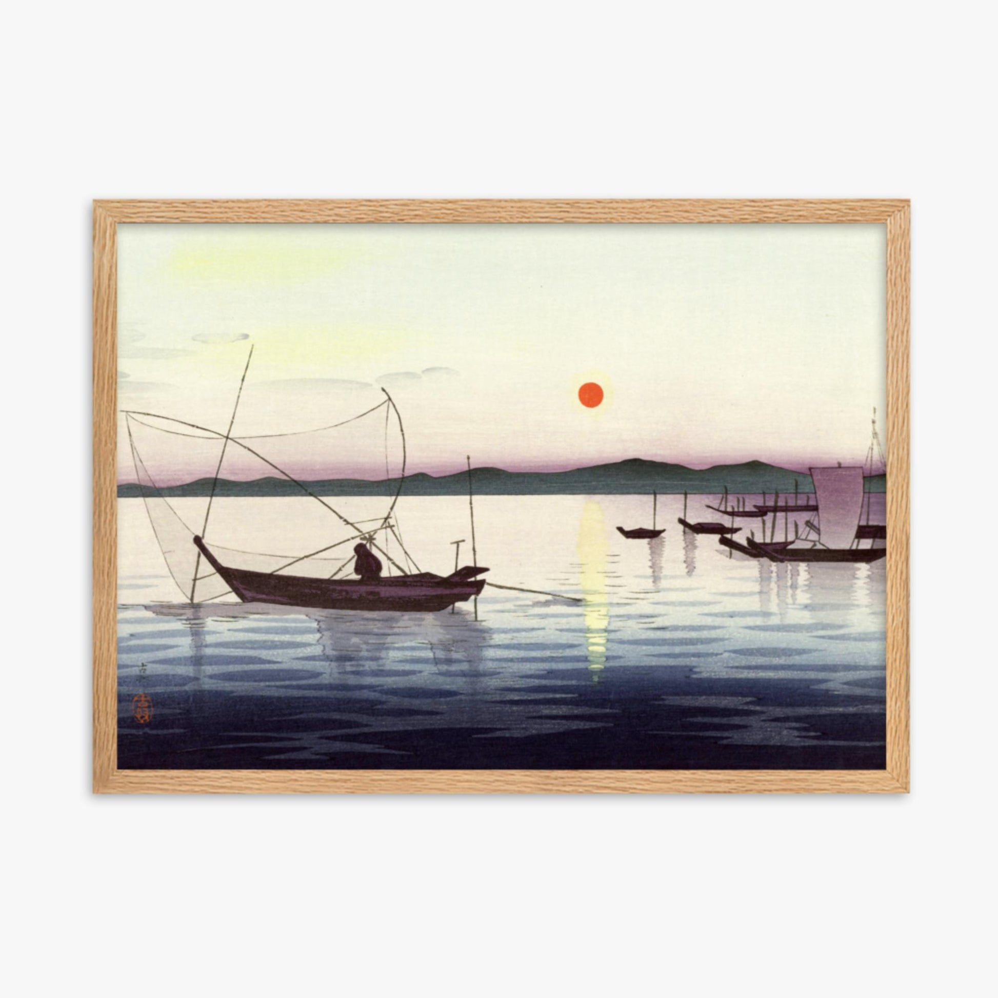 Ohara Koson: Fishing boats at sunset - 50x70 cm Poster With Oak Frame