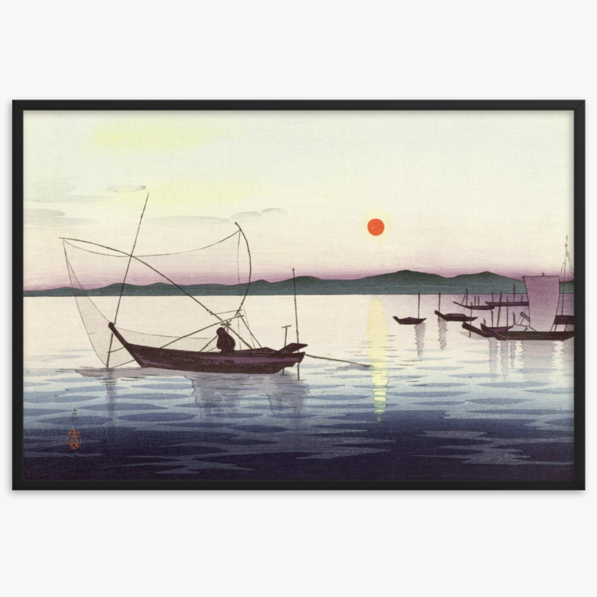 Ohara Koson: Fishing boats at sunset - 61x91 cm Poster With Black Frame