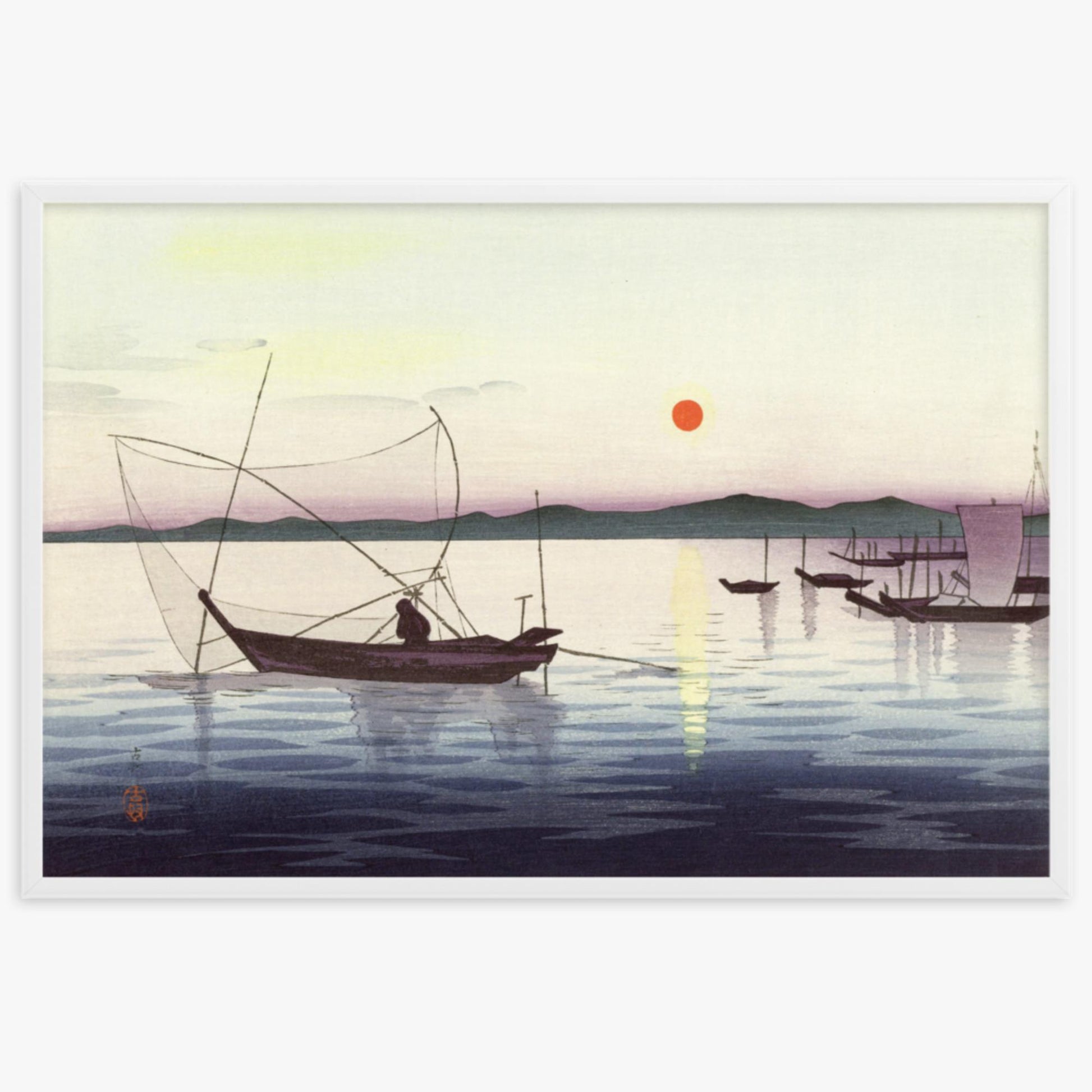 Ohara Koson: Fishing boats at sunset - 61x91 cm Poster With White Frame