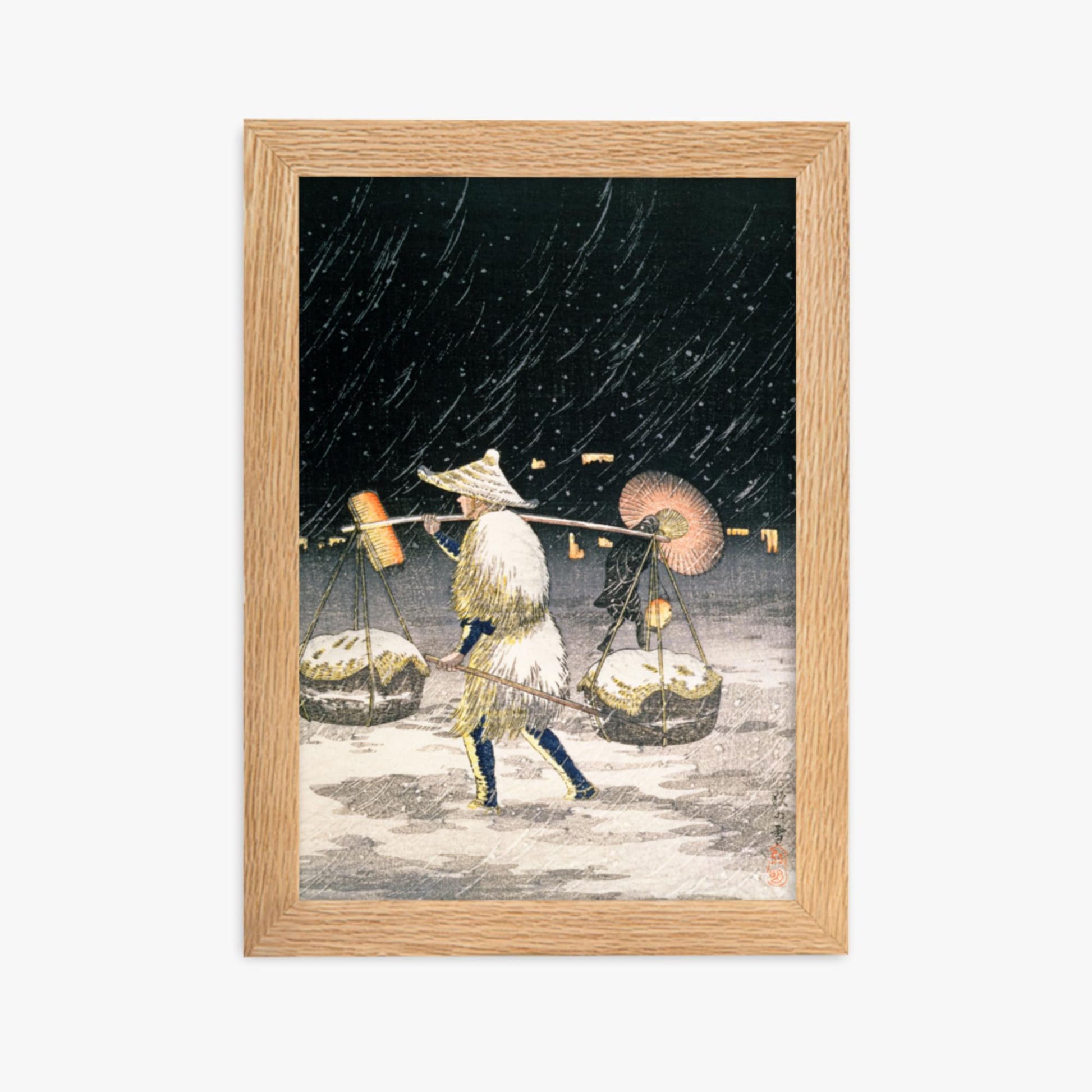 Takahashi Hiroaki: Night Snow - 21x30 cm Poster With Oak Frame