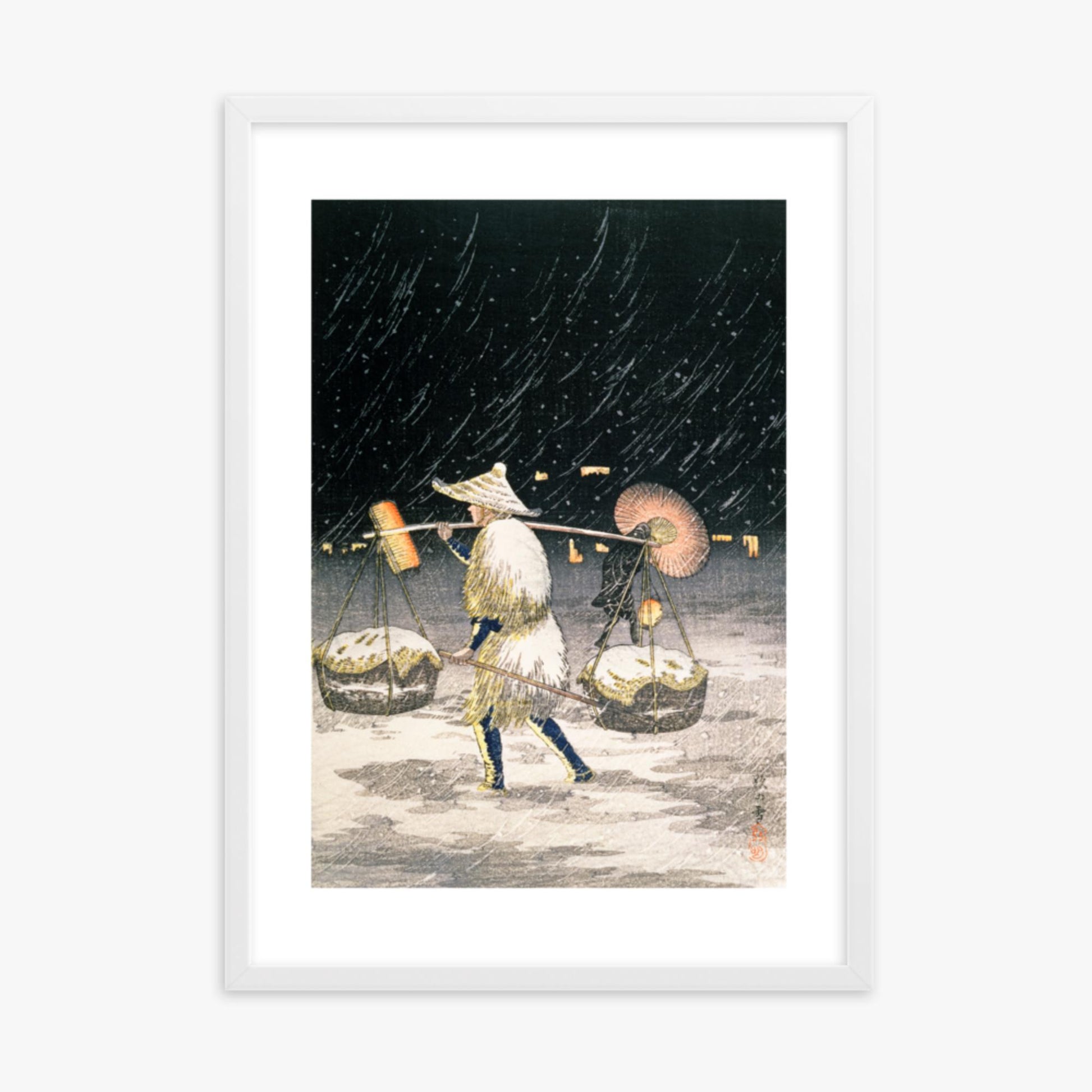 Takahashi Hiroaki: Night Snow - 50x70 cm Poster With White Frame