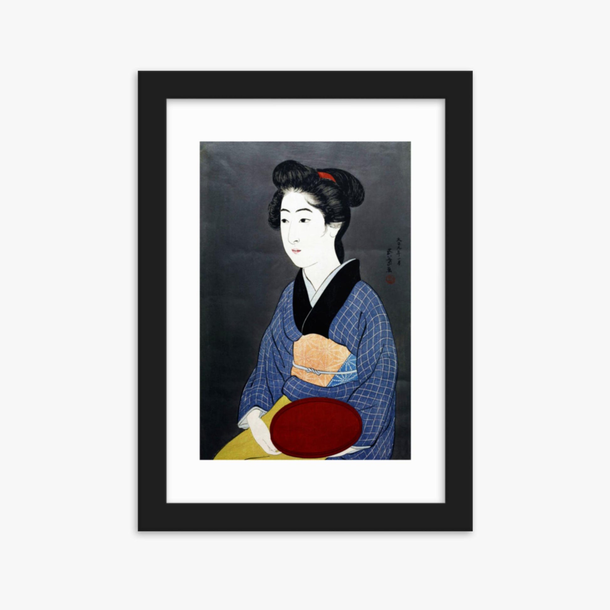 Goyō Hashiguchi: A waitress with a red tray - 21x30 cm Poster With Black Frame