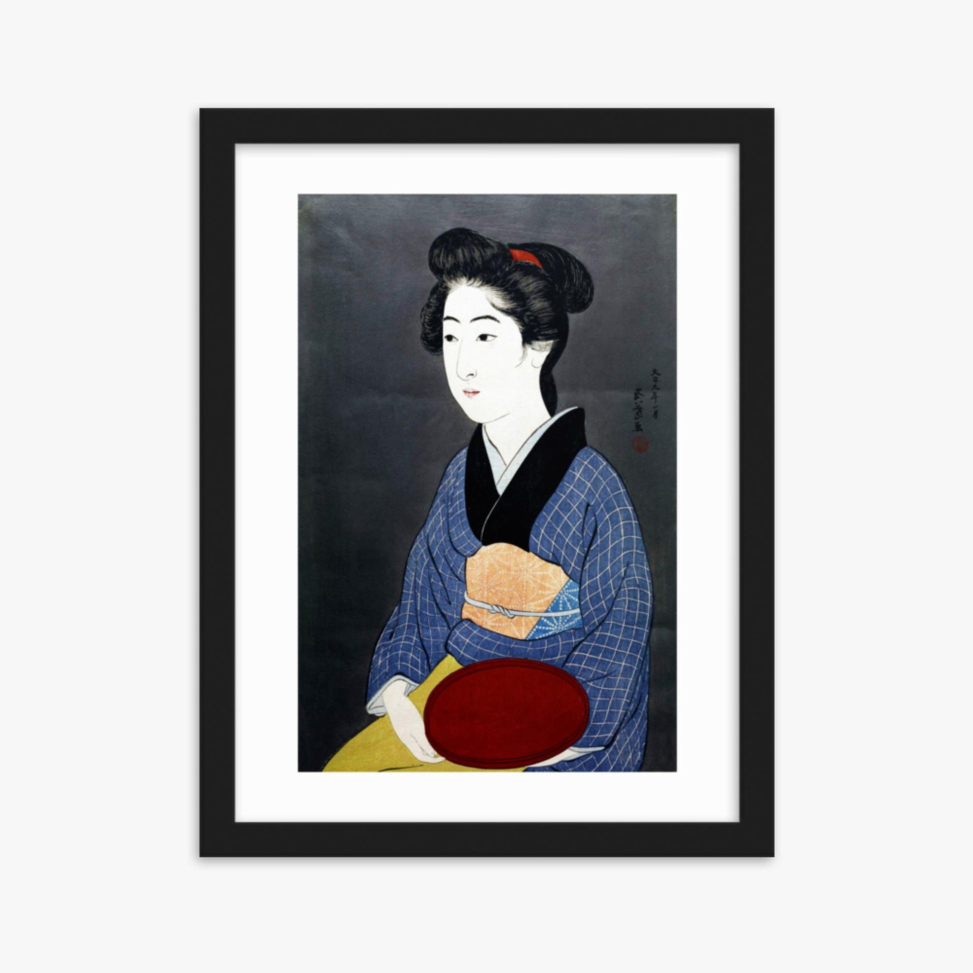 Goyō Hashiguchi: A waitress with a red tray - 30x40 cm Poster With Black Frame