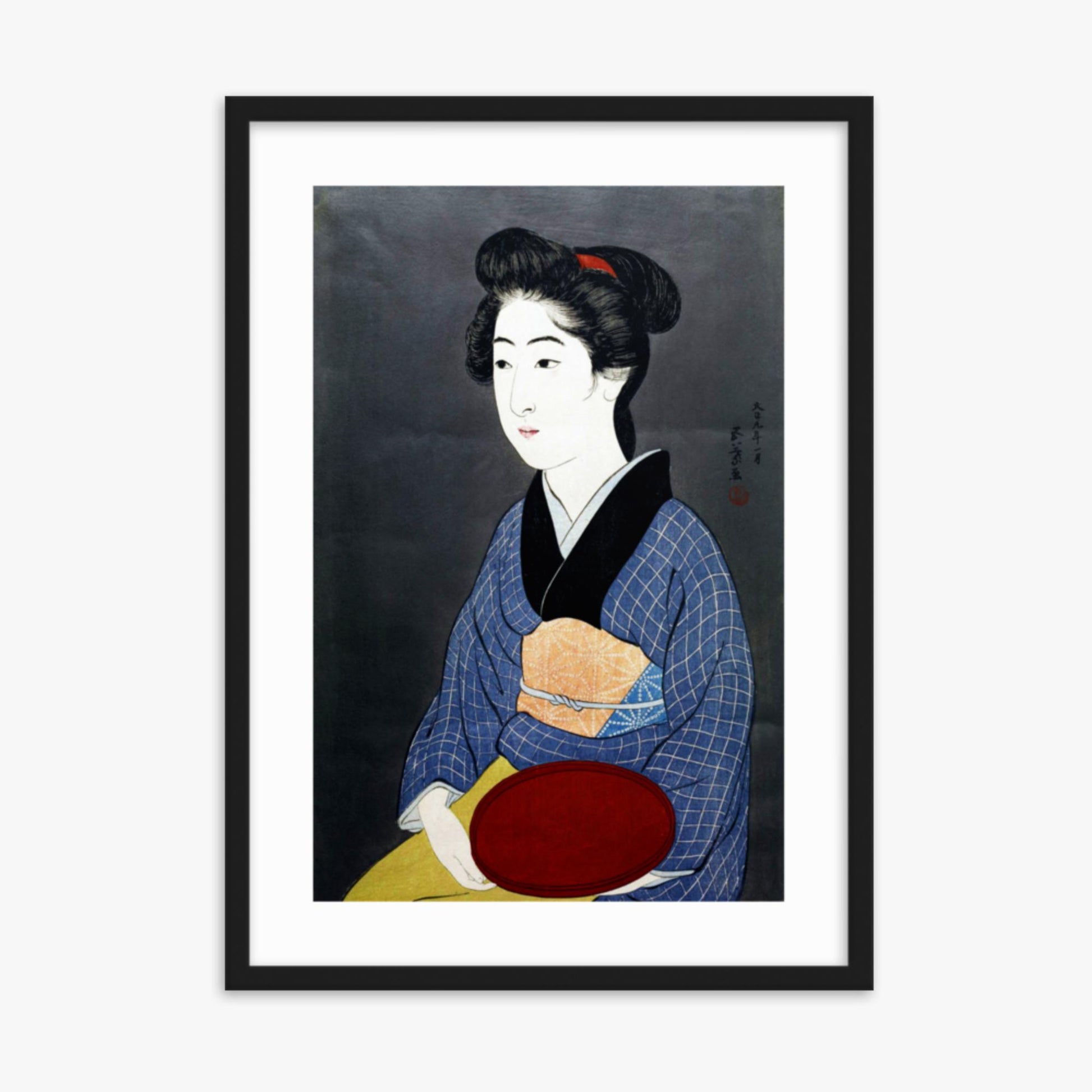 Goyō Hashiguchi: A waitress with a red tray - 50x70 cm Poster With Black Frame