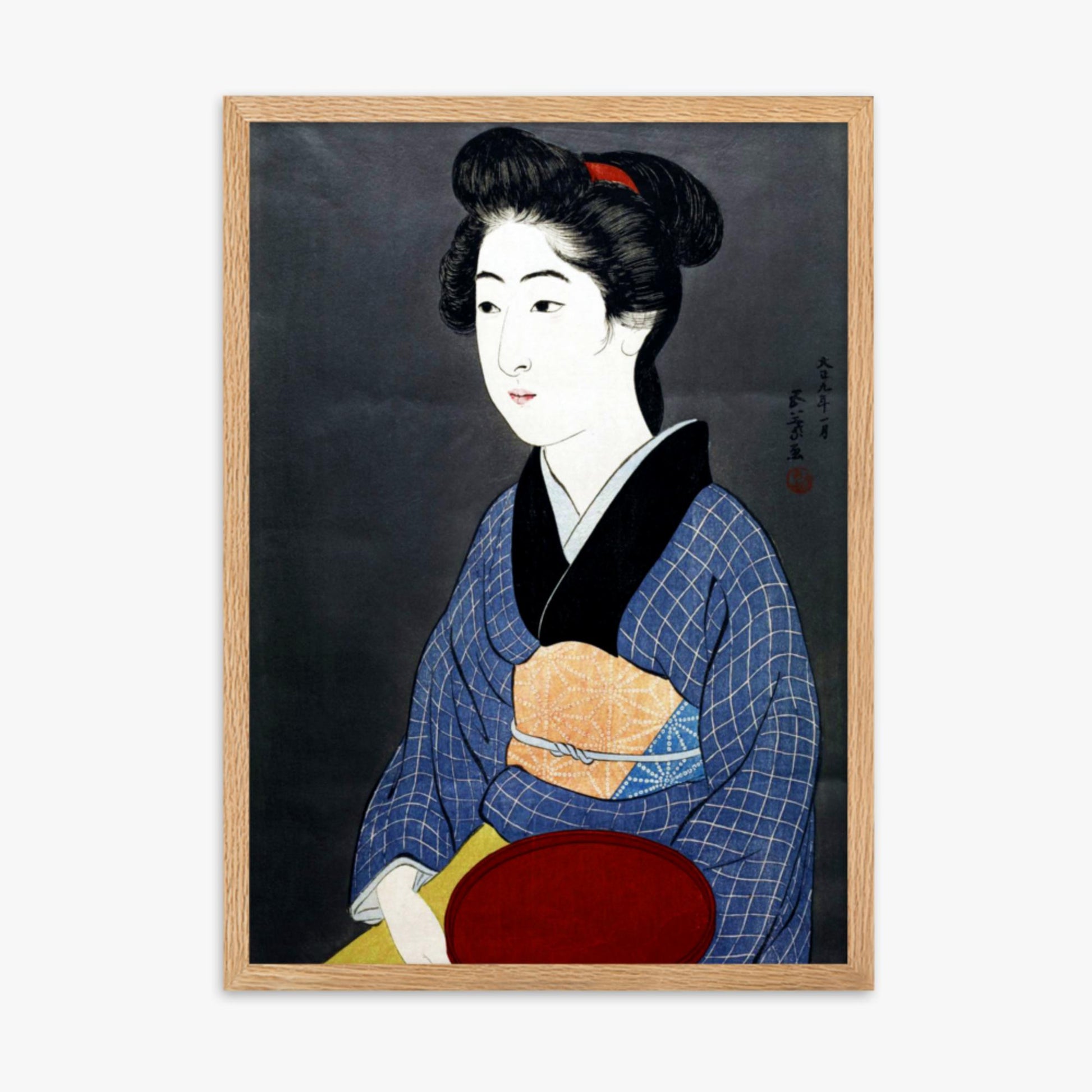 Goyō Hashiguchi: A waitress with a red tray - 50x70 cm Poster With Oak Frame