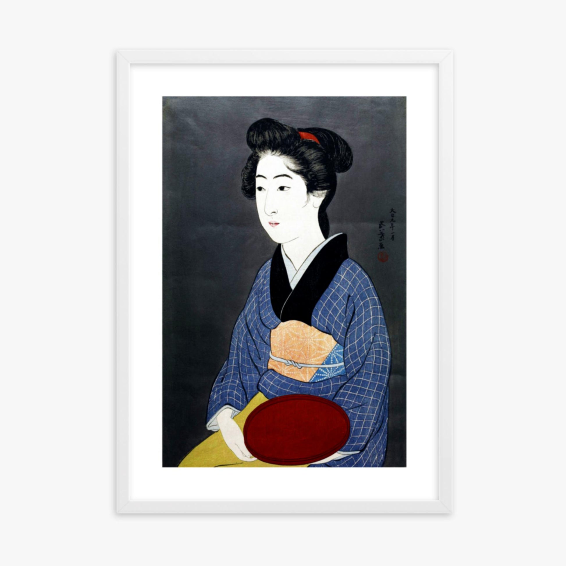 Goyō Hashiguchi: A waitress with a red tray - 50x70 cm Poster With White Frame