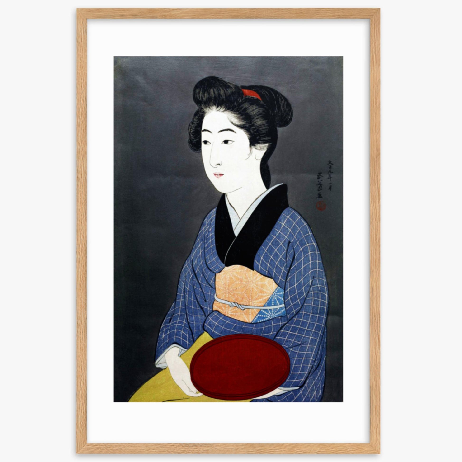 Goyō Hashiguchi: A waitress with a red tray - 61x91 cm Poster With Oak Frame