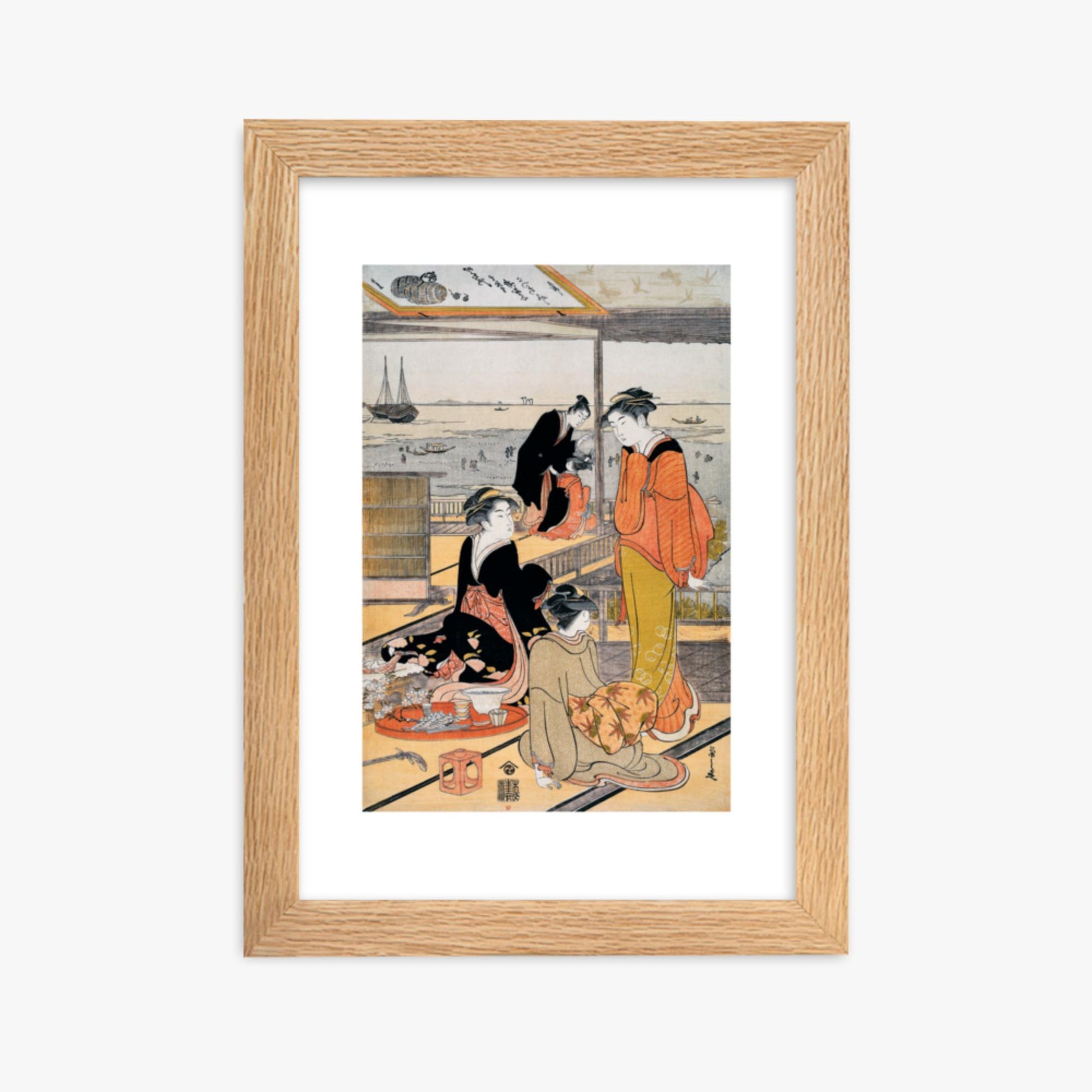 Eishi Chobunsai: Teahouse at the Shinagawa Bay - 21x30 cm Poster With Oak Frame