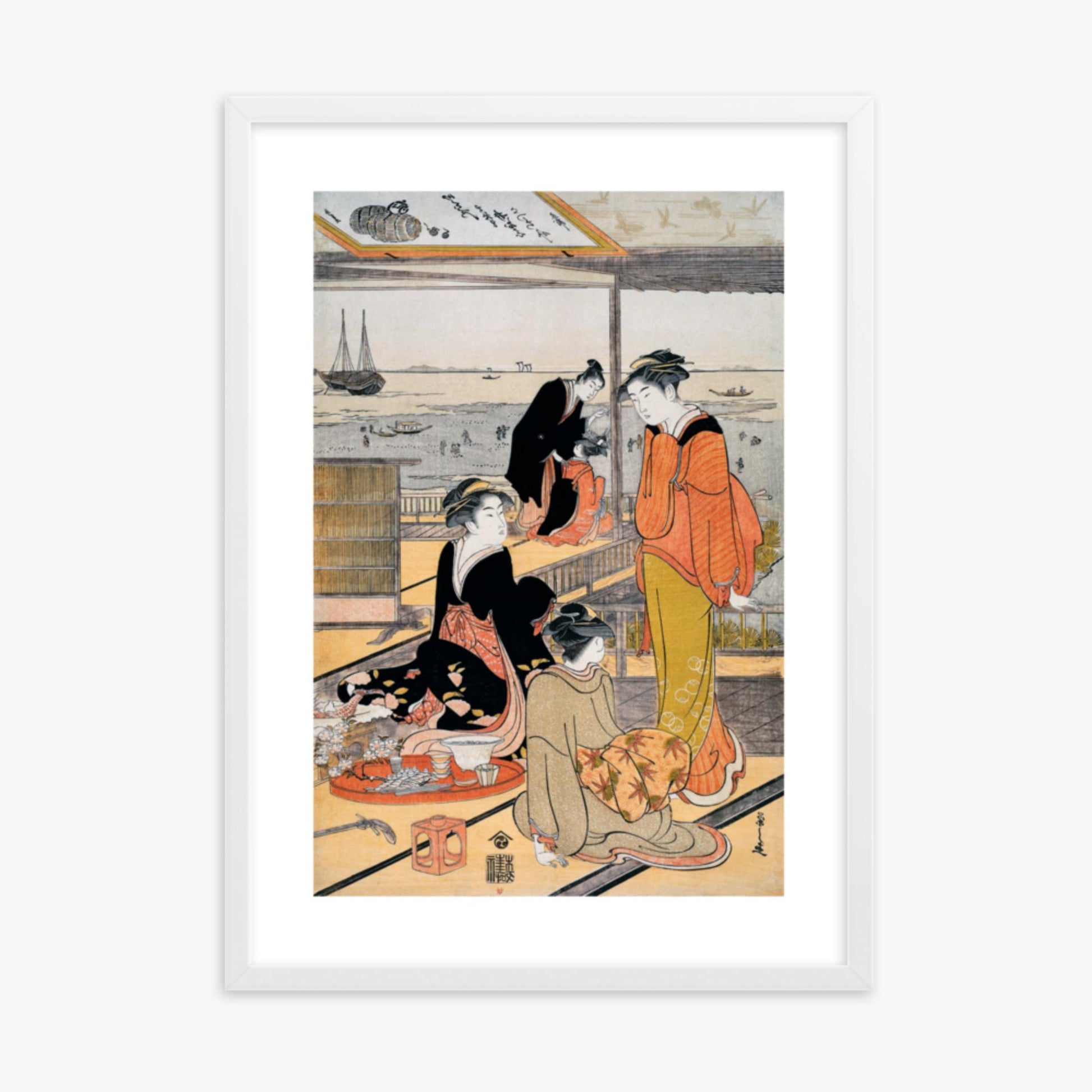 Eishi Chobunsai: Teahouse at the Shinagawa Bay - 50x70 cm Poster With White Frame