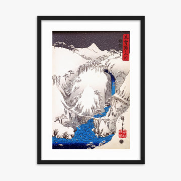 Utagawa Hiroshige: The Nakasendo running through the Kiso Mountains by the Kiso River in deep winter. - 50x70 cm Poster With Black Frame