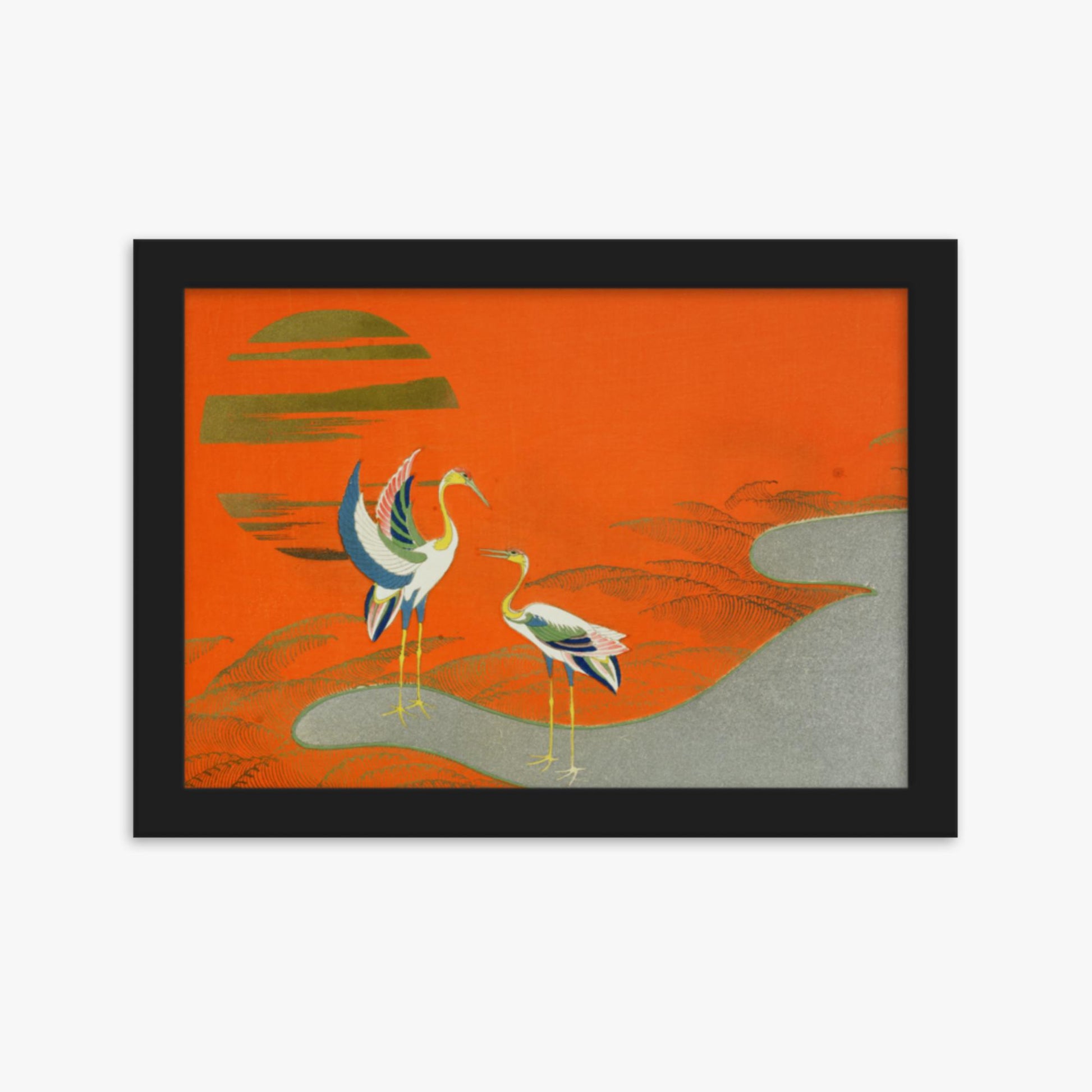 Kamisaka Sekka: Birds at sunset on the lake - 21x30 cm Poster With Black Frame