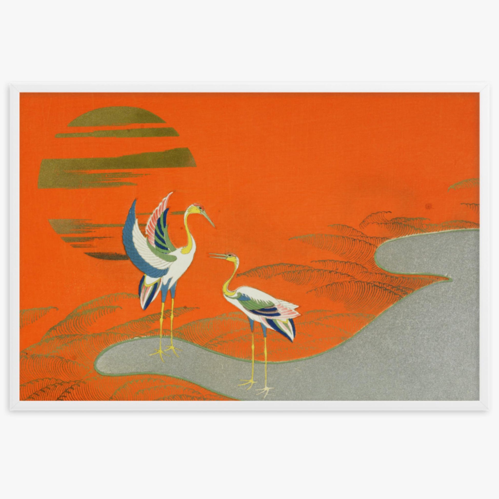 Kamisaka Sekka: Birds at sunset on the lake - 61x91 cm Poster With White Frame