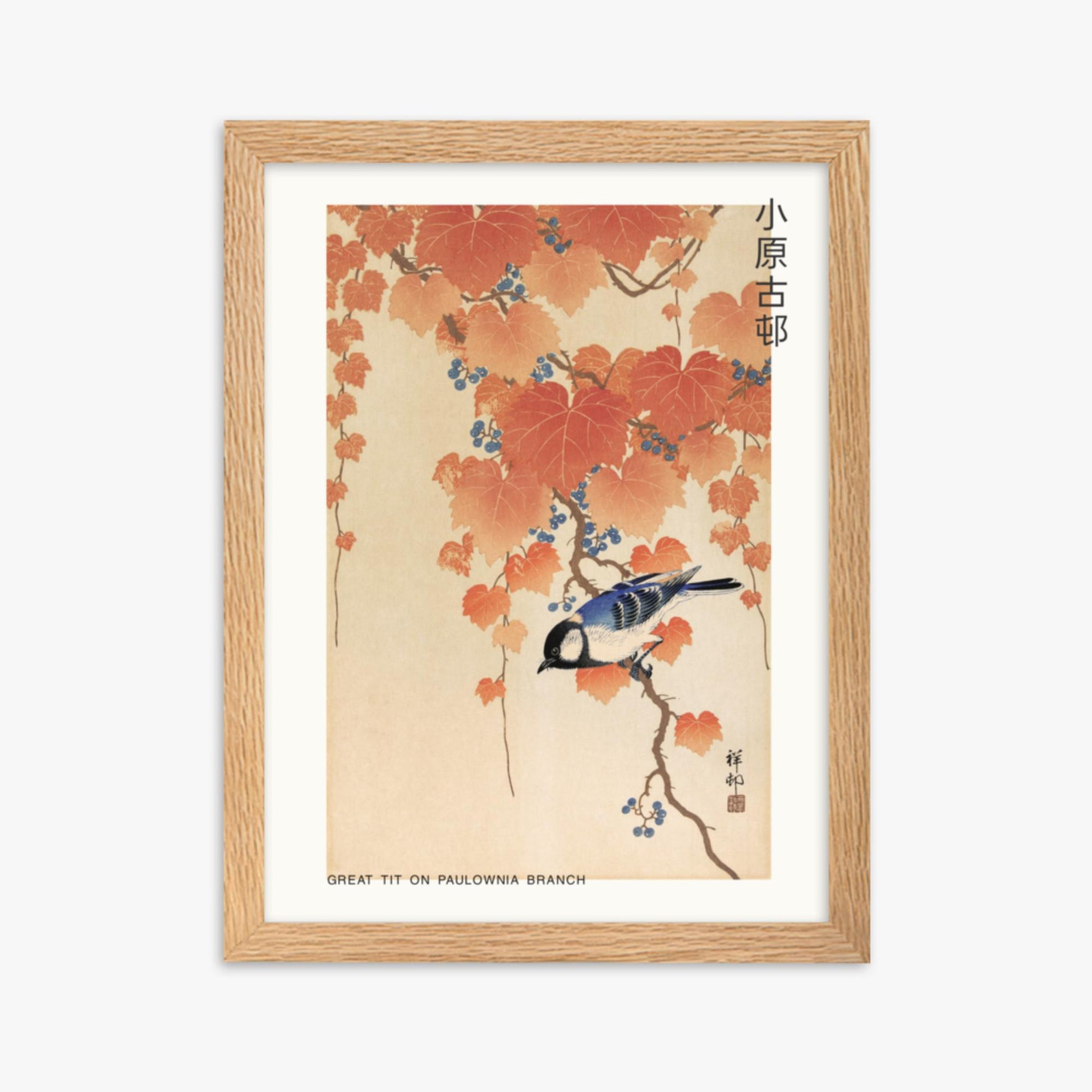 Ohara Koson - Great tit on paulownia branch - Decoration 30x40 cm Poster With Oak Frame