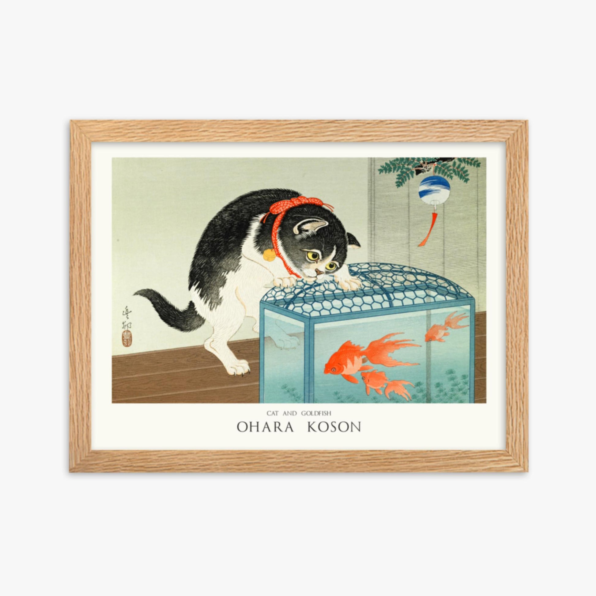 Ohara Koson: Cat and Goldfish - Japandi - 30x40 cm Poster With Oak Frame